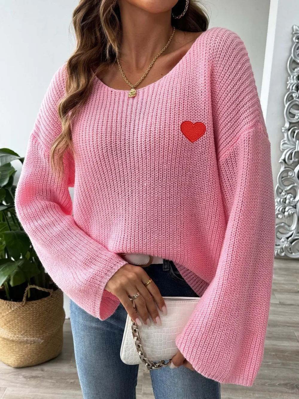 Heart Boat Neck Dropped Shoulder Sweater, image 9