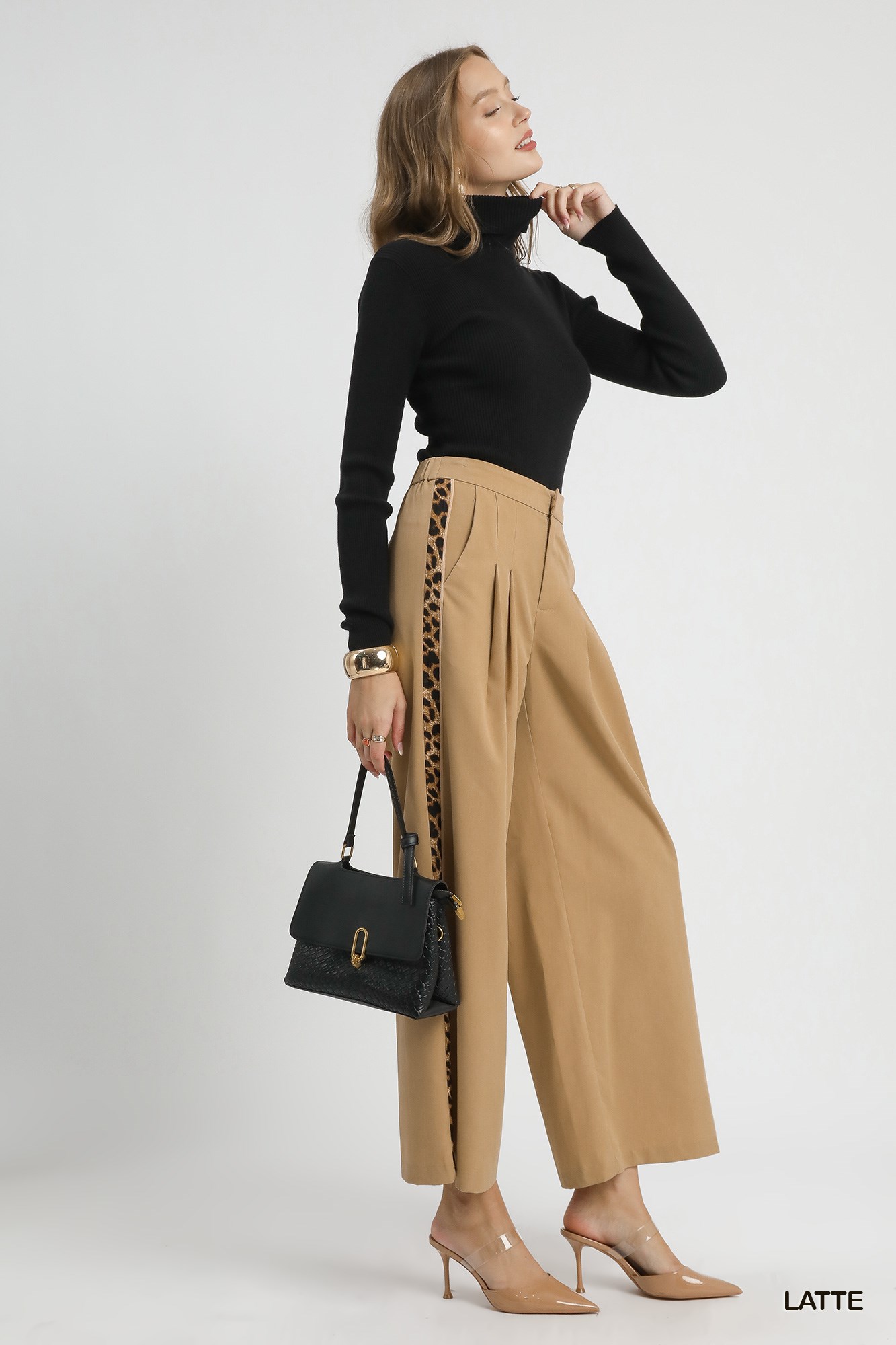 Front Pleated Wide-Leg Pants with Contrast Trim, image 4