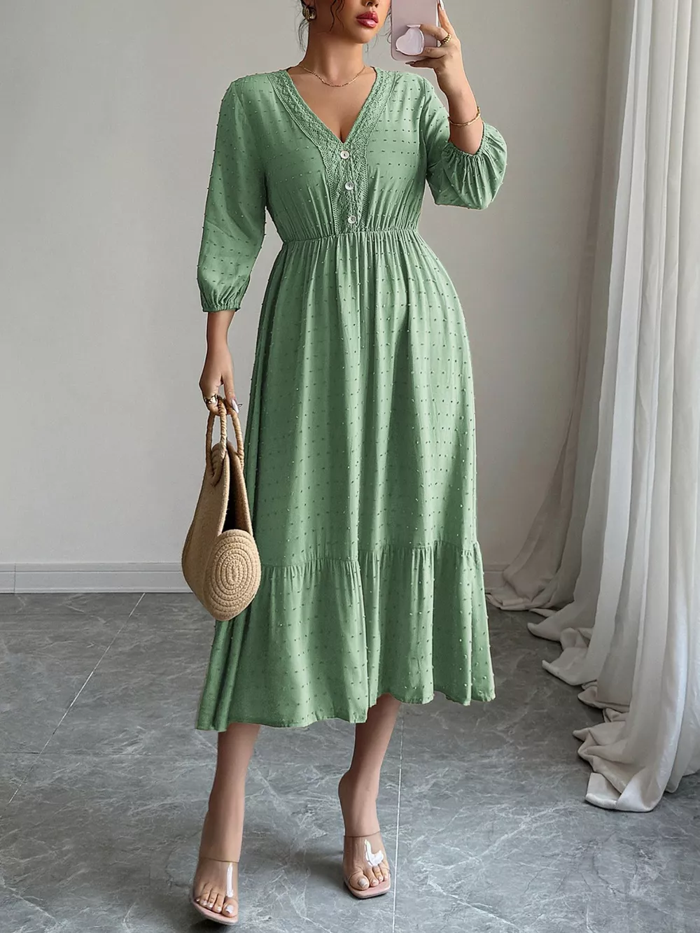 Swiss Dot Ruffle Hem Midi Dress, image 2