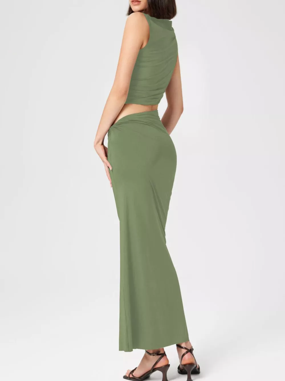Asymmetrical Ruched Knit Top and Skirt Set, image 8