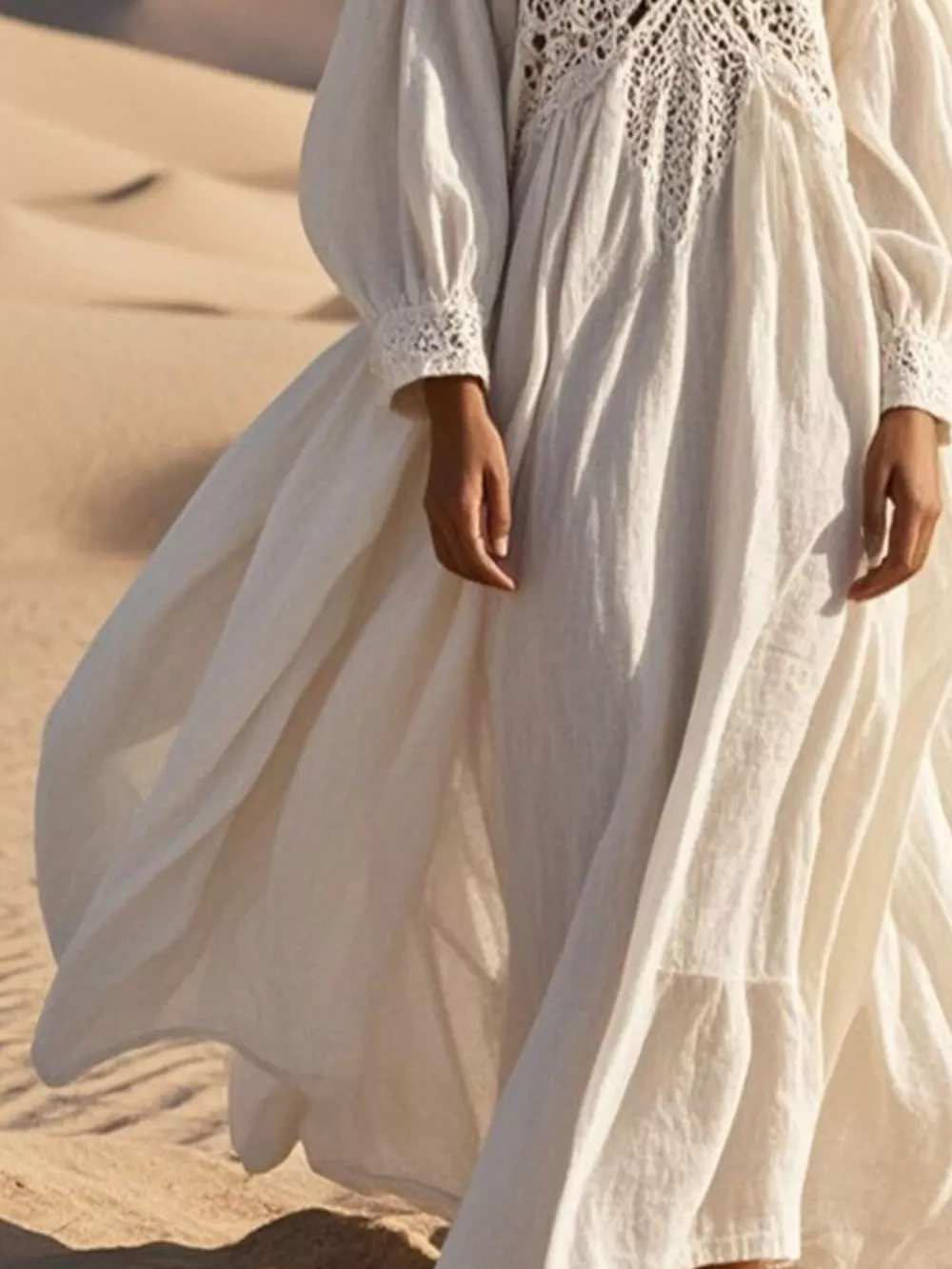 Crochet Trimmed V-Neck Midi Dress, image 3