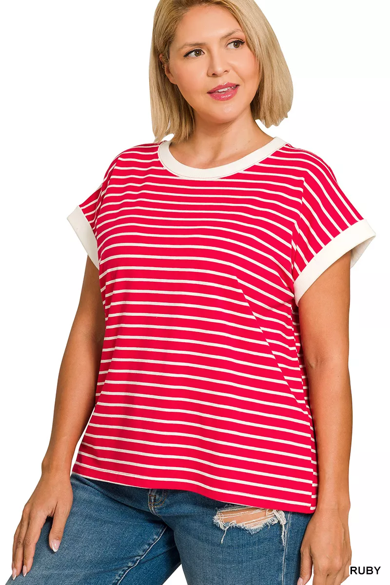 Full Size Contrast Trim Cap Sleeve Stripe Tee Plus Size, image 4