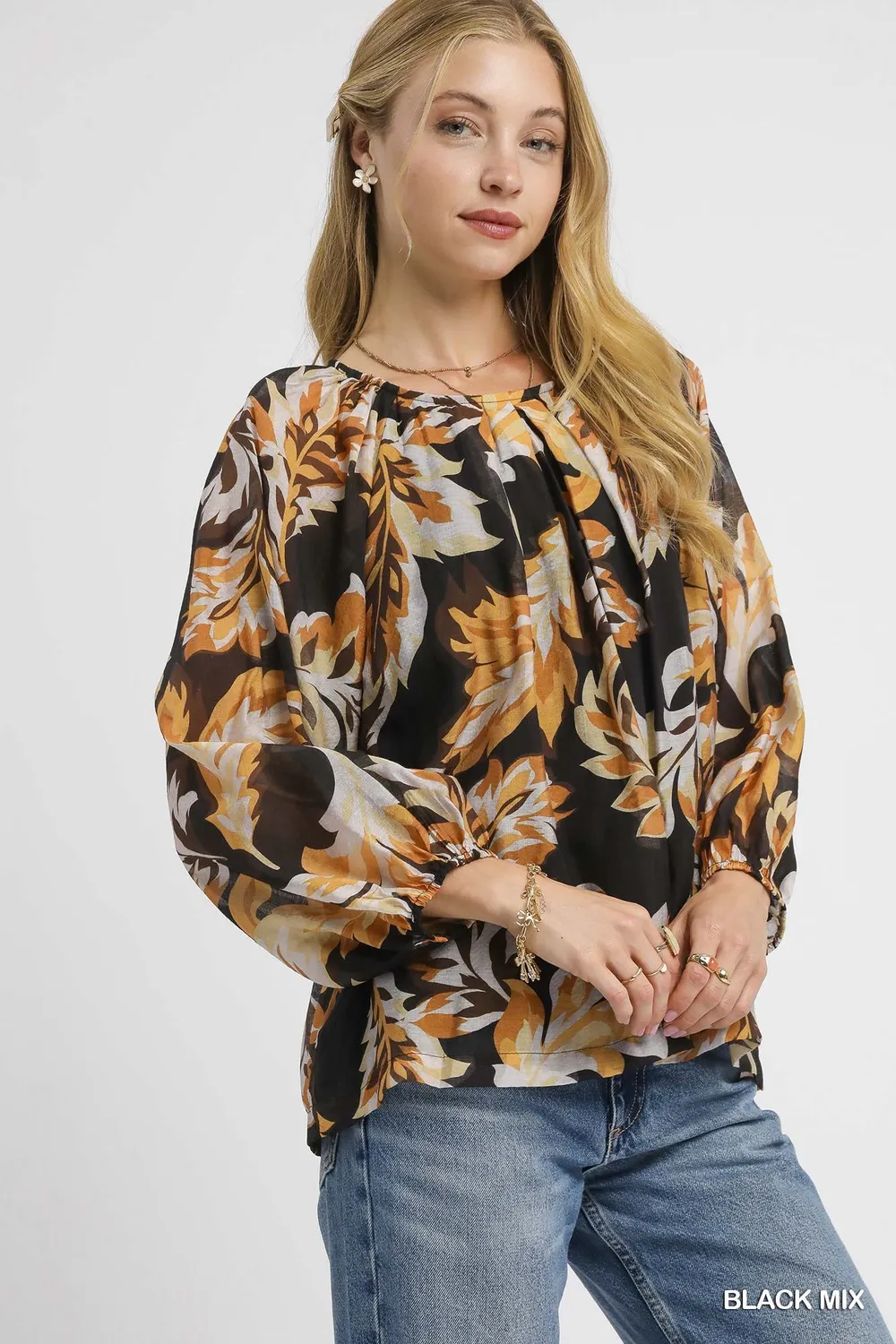 Autumn Leaf Print Balloon Sleeve Blouse, image 3