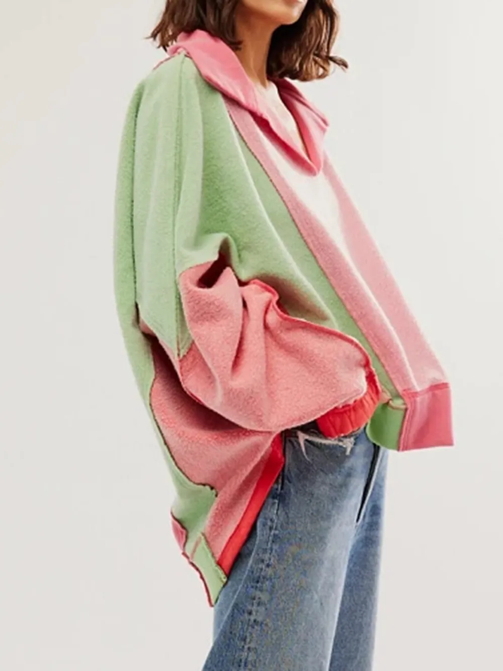 High-Low Exposed Seam Contrast Long Sleeve Sweatshirt, image 15