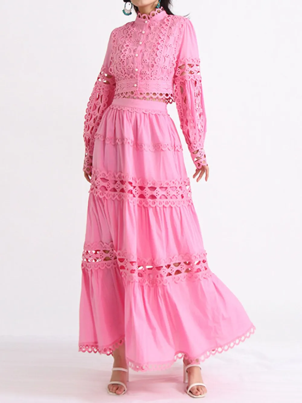 Lace Button Up Long Sleeve Top and Skirt Set, image 4