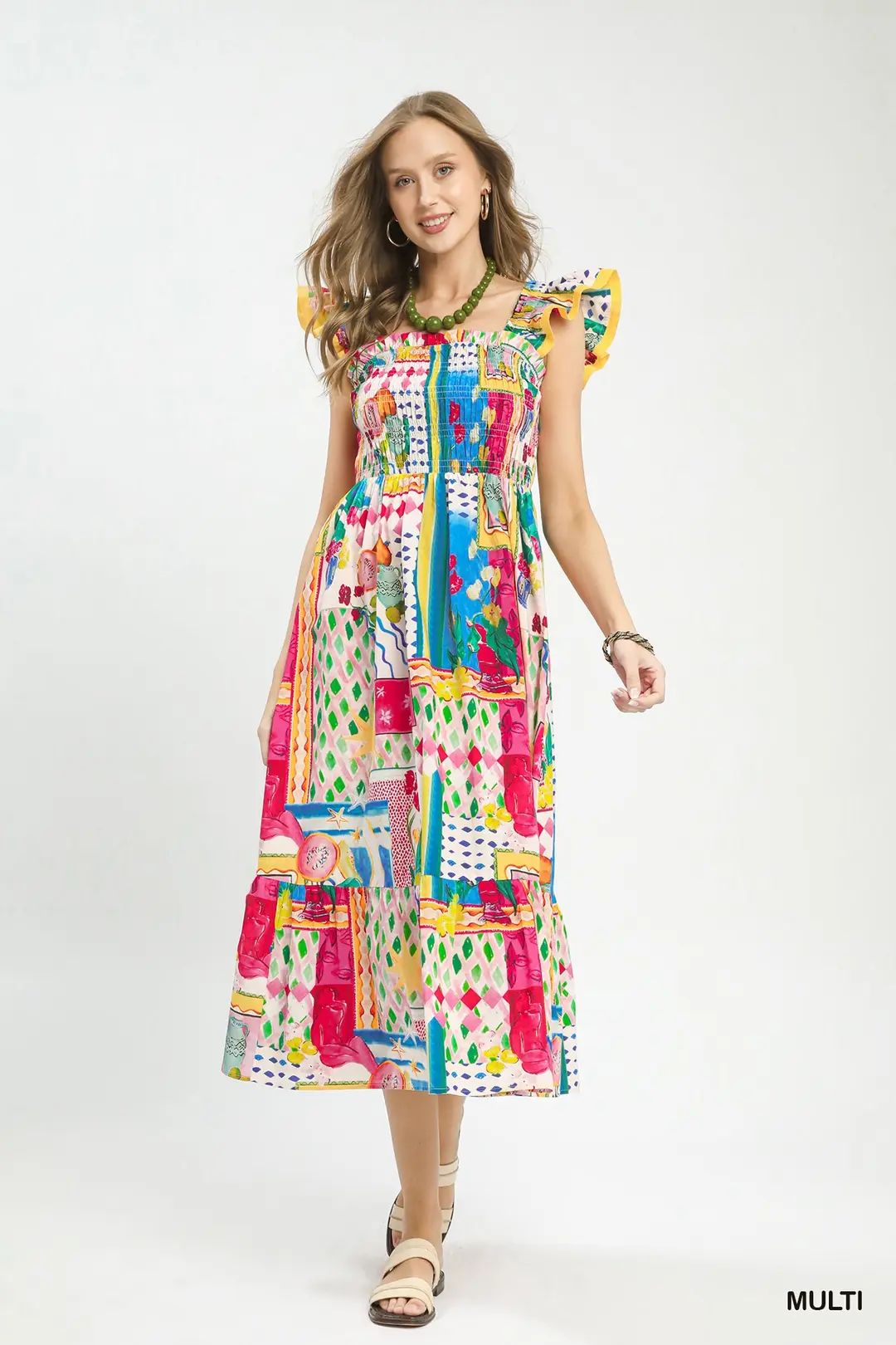 Abstract Print Smocked Ruffle Sleeve Tiered Midi Dress, image 2