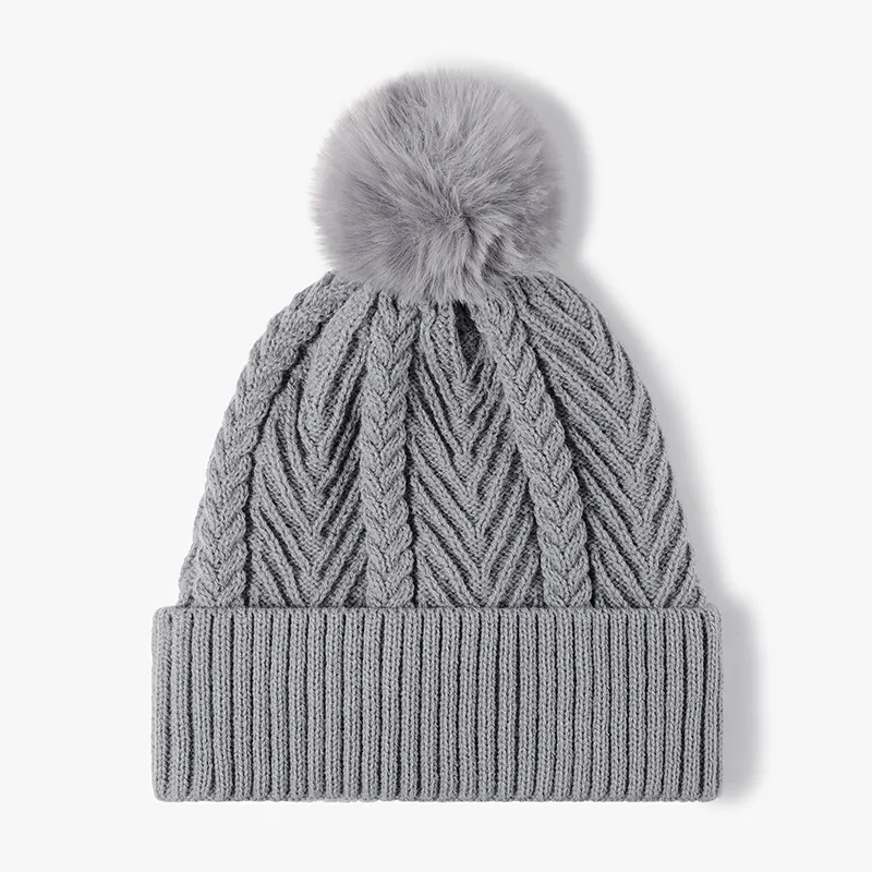 Cable Knit Solid Color Hat with Pompom, image 2