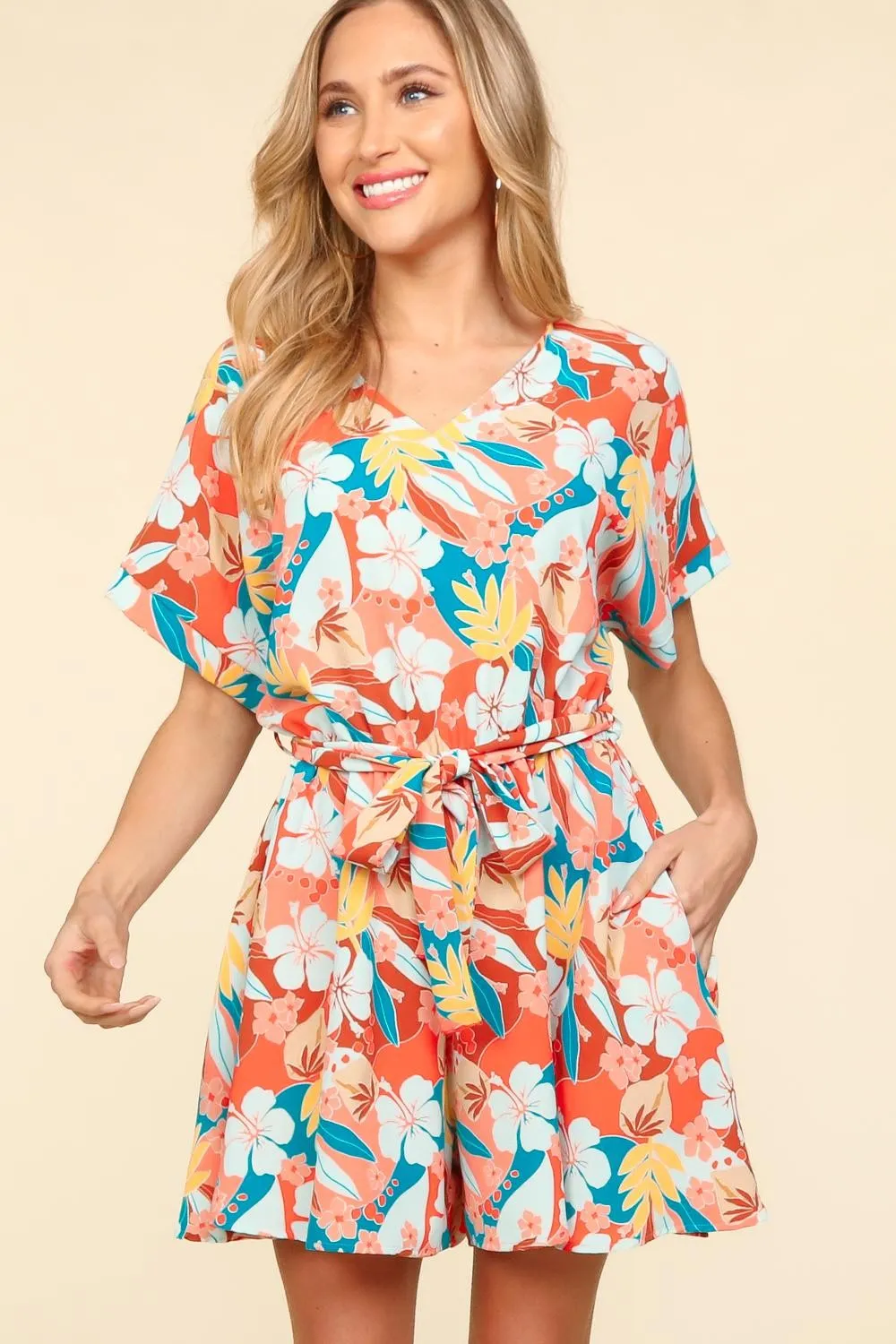 Tropical Floral Short Sleeve Tied Romper, image 3