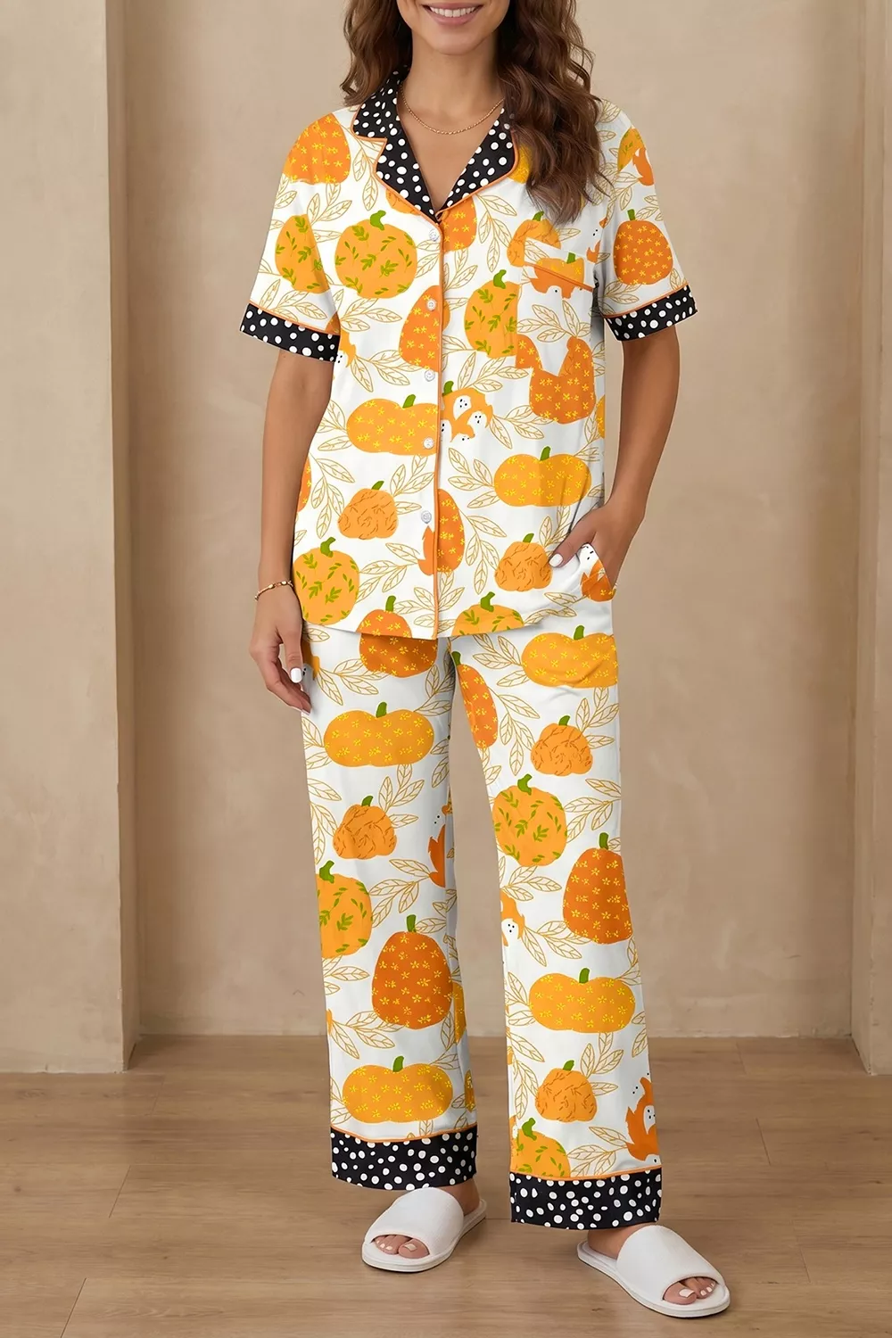 Short Sleeve Pumpkin Print Polka Dot Trim Pocket Placket Lounge Set, image 4