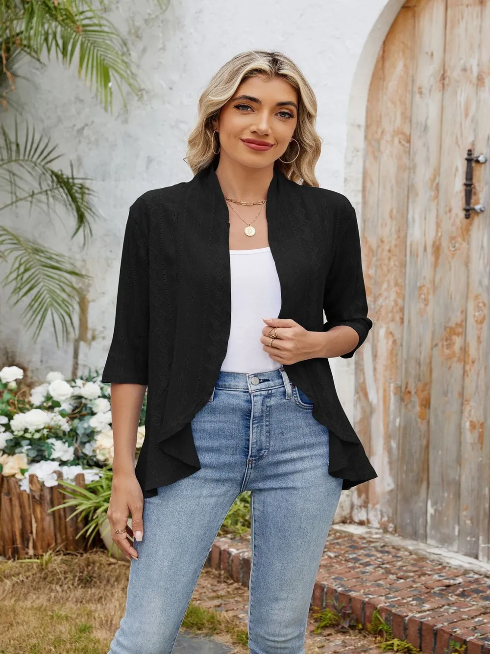 Eyelet Open Front Three-Quarter Sleeve Top, image 13