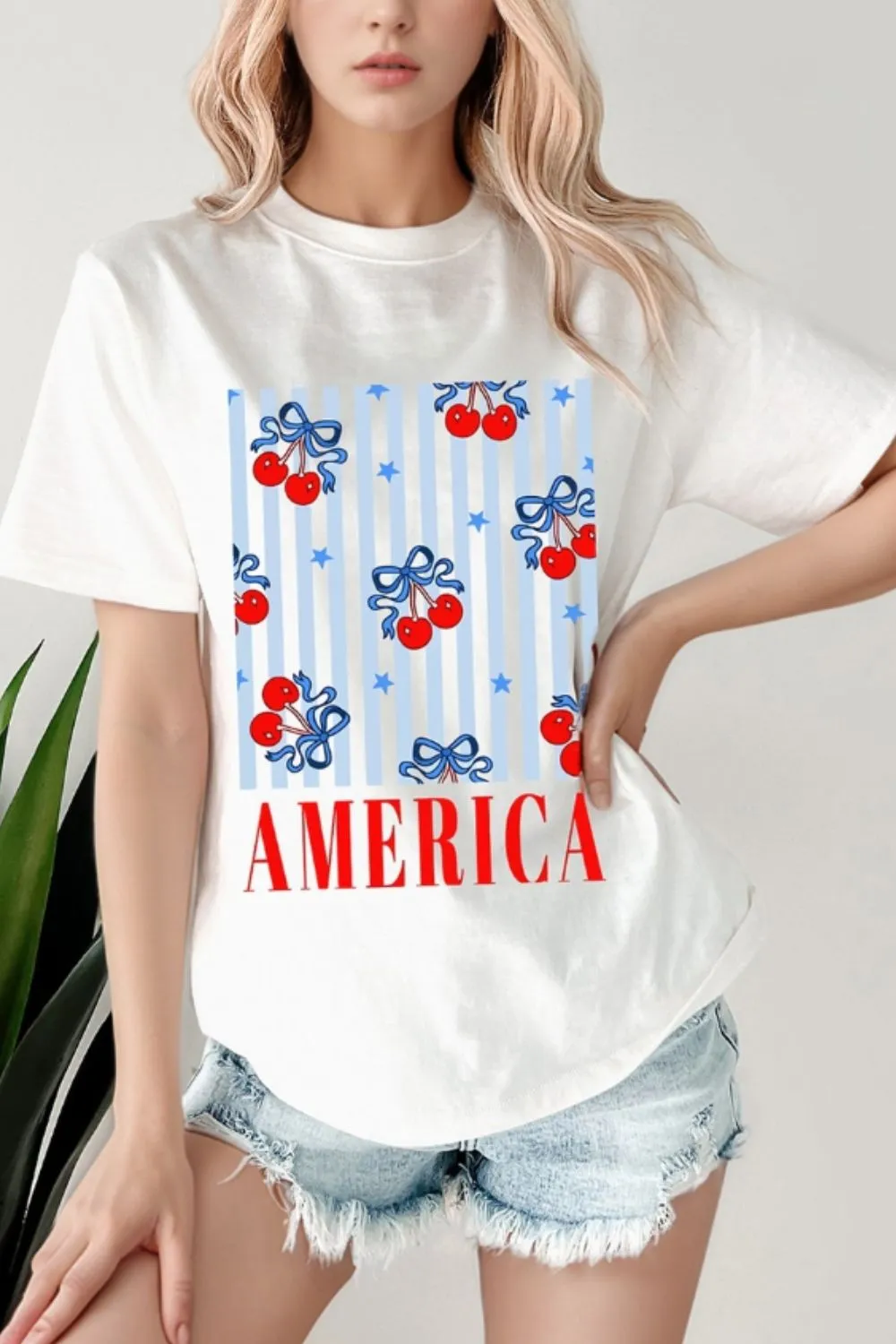 Bow Cherry AMERICA Graphic Crewneck Patriotic T Shirt
