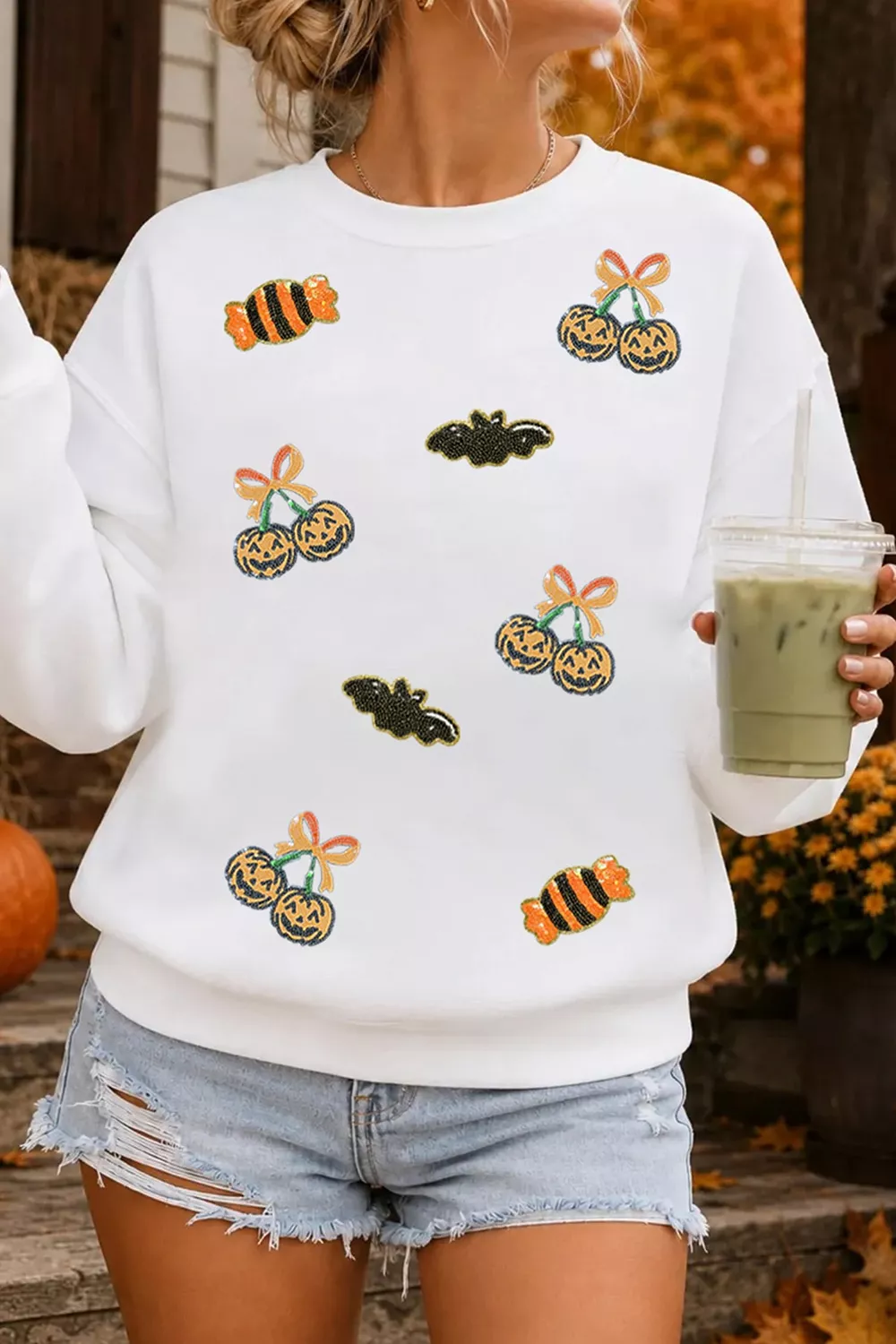 Sequin Halloween Pattern Pullover Sweatshirt, image 3