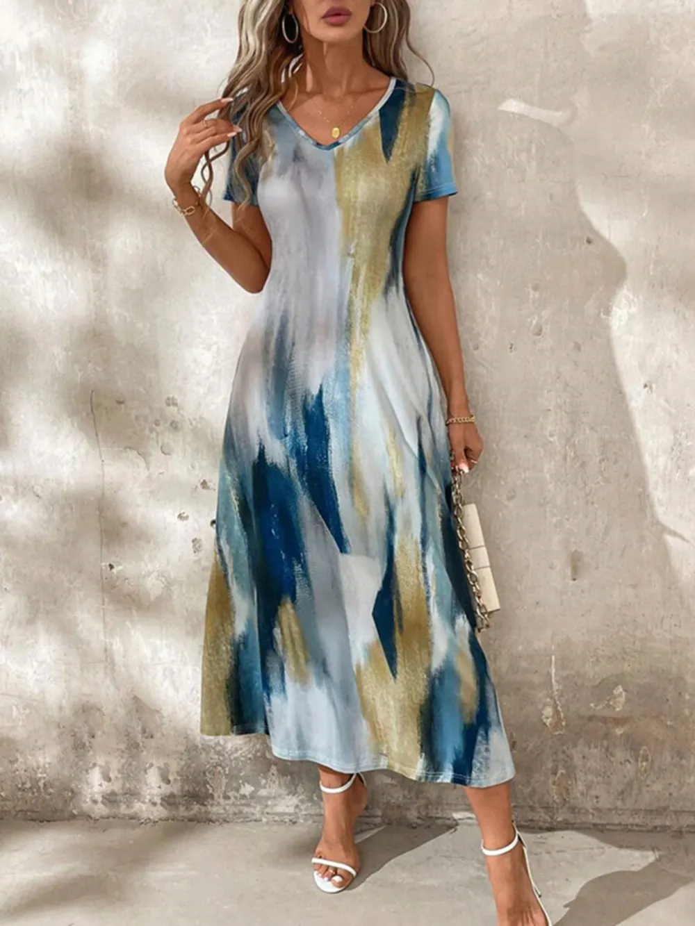 Tie-Dye V-Neck Short Sleeve Midi Tee Dress, image 9