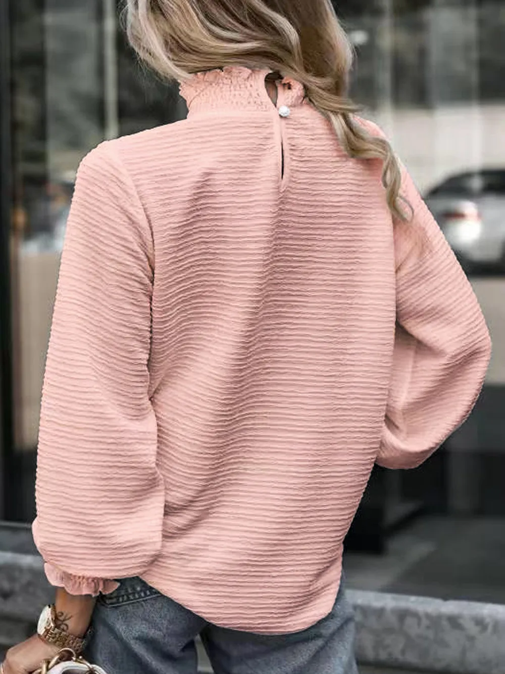 Smocked Frill Mock Neck Long Sleeve Blouse, image 10