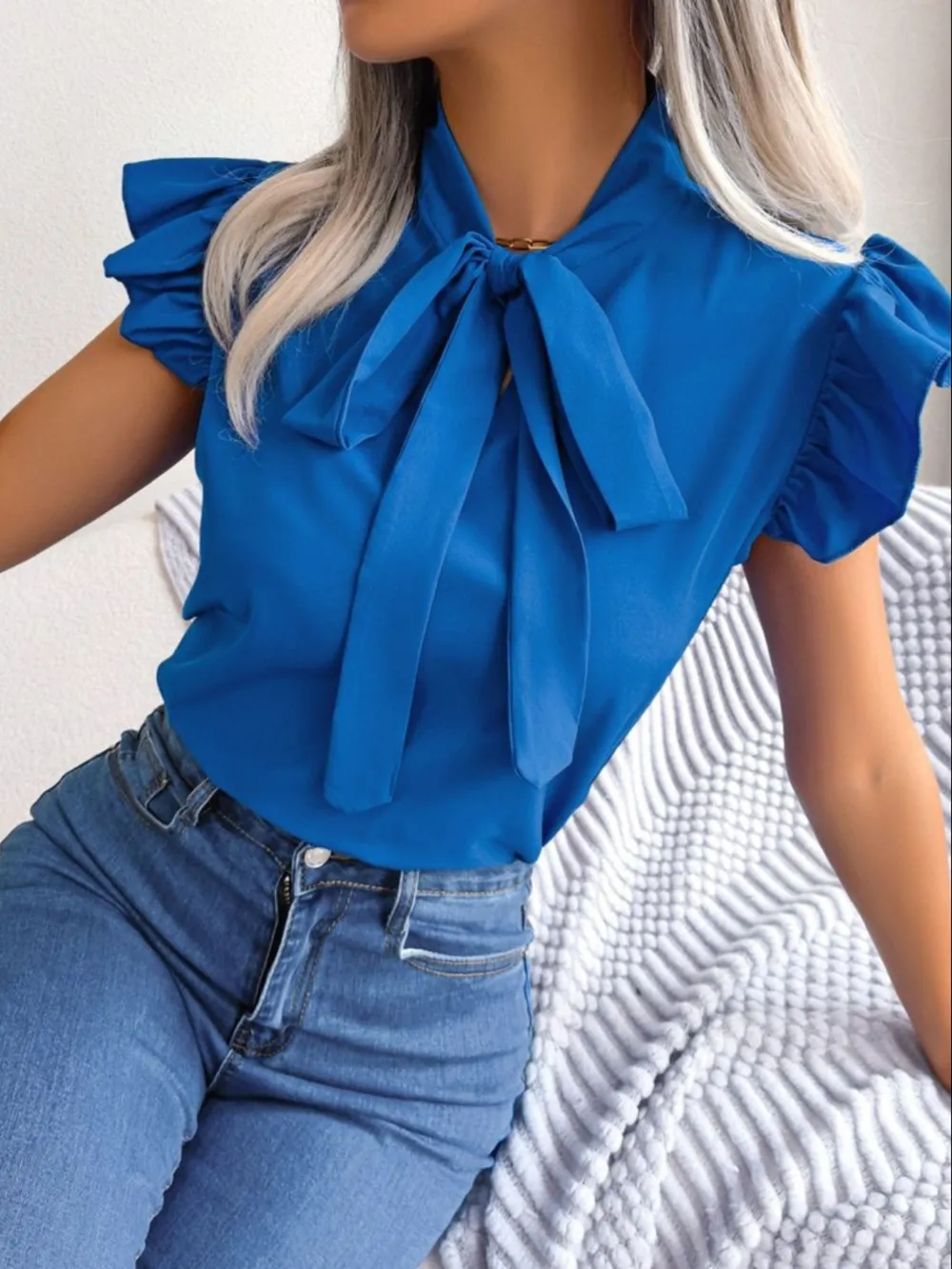 Ruffle Cap Sleeve Bow Tie Blouse, image 4