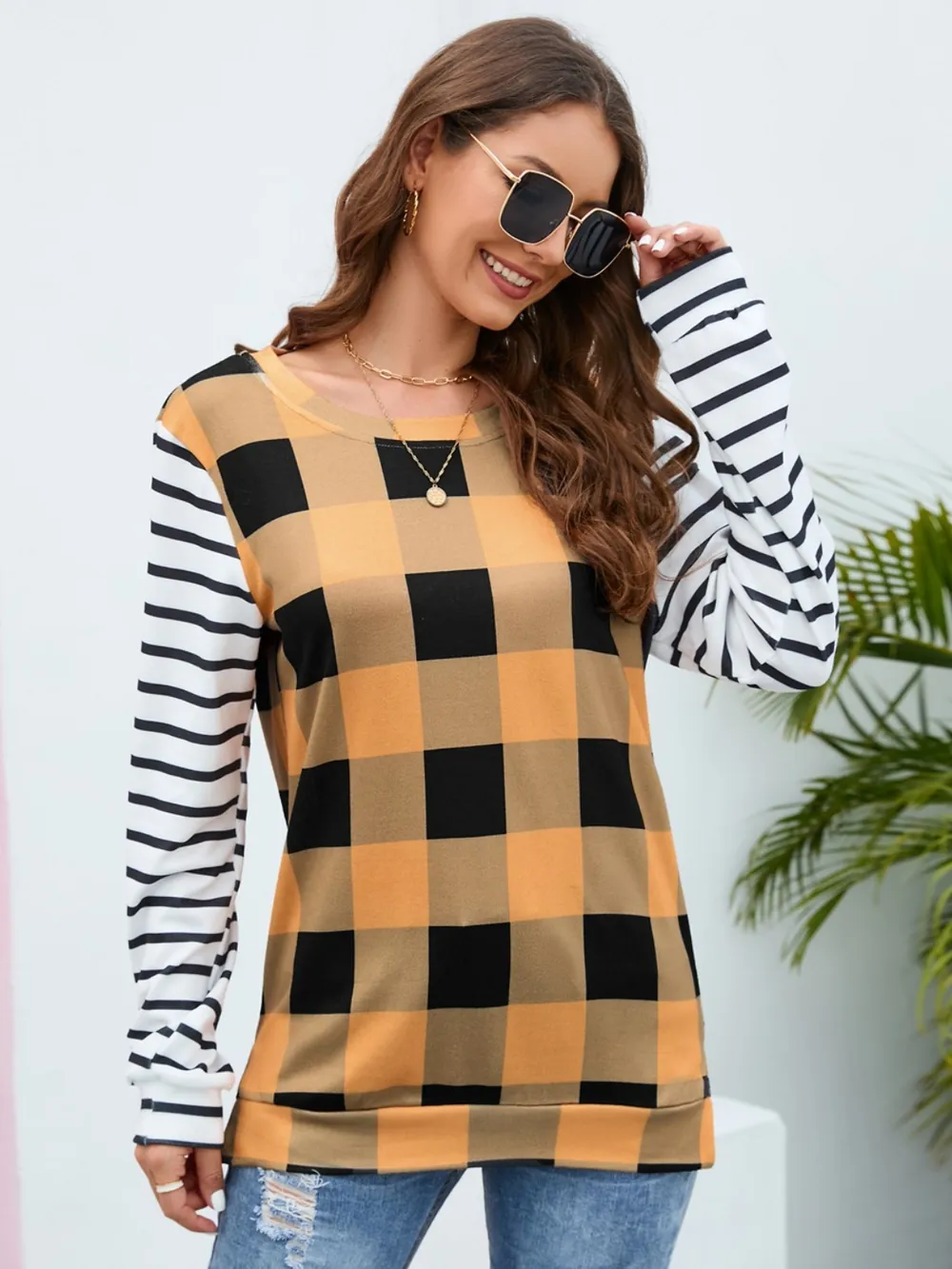 Plaid Striped Round Neck Long Sleeve T-Shirt, image 6