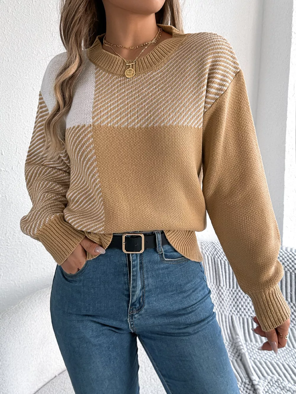 Color Block Striped Round Neck Sweater, image 6
