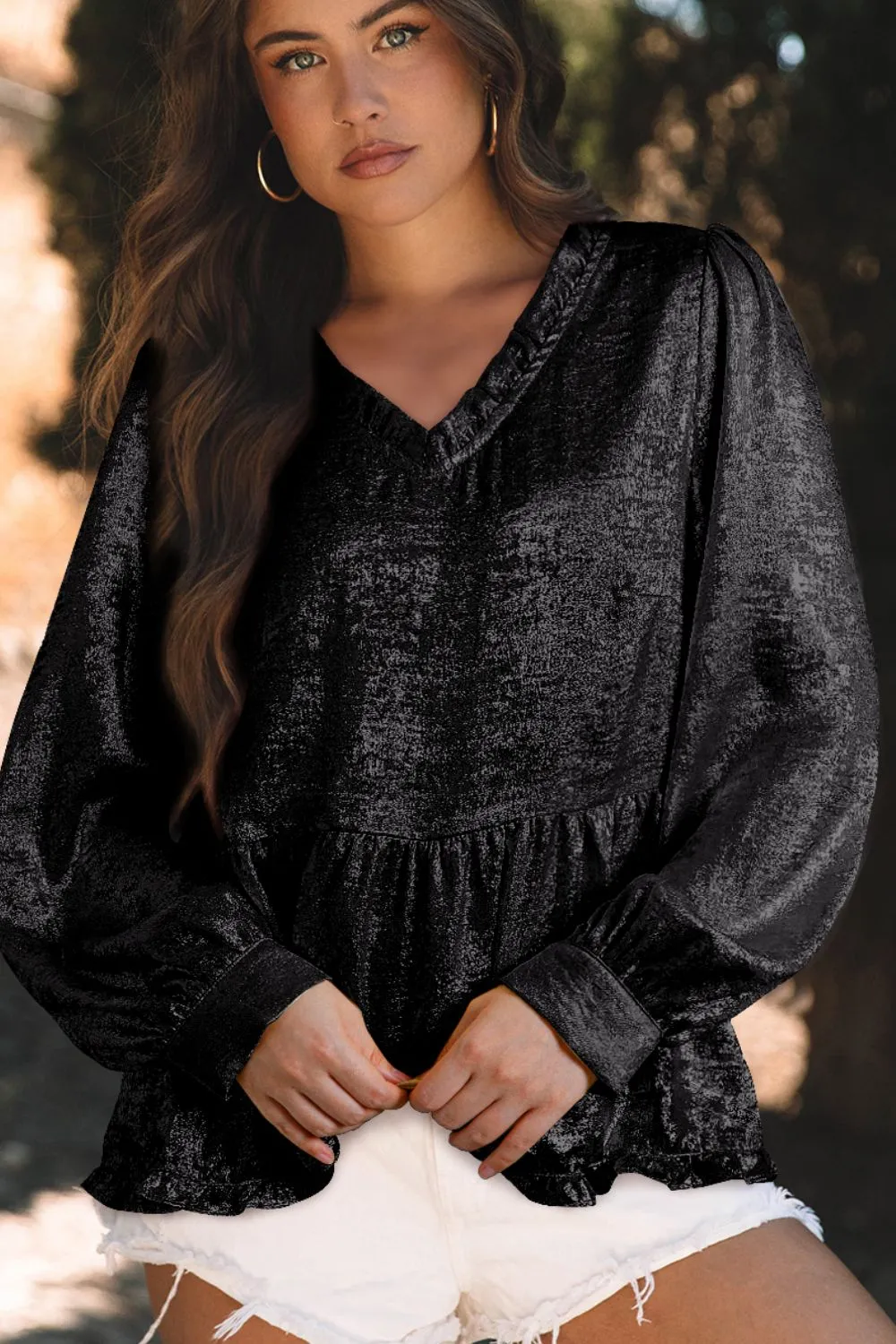 Frill Peplum V-Neck Long Sleeve Blouse, image 7