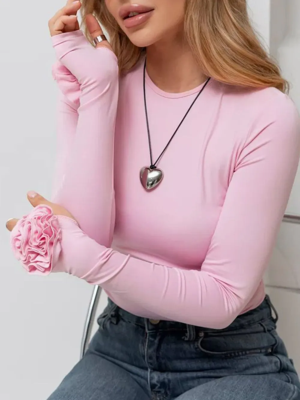 Flower Round Neck Long Sleeve T-Shirt, image 13