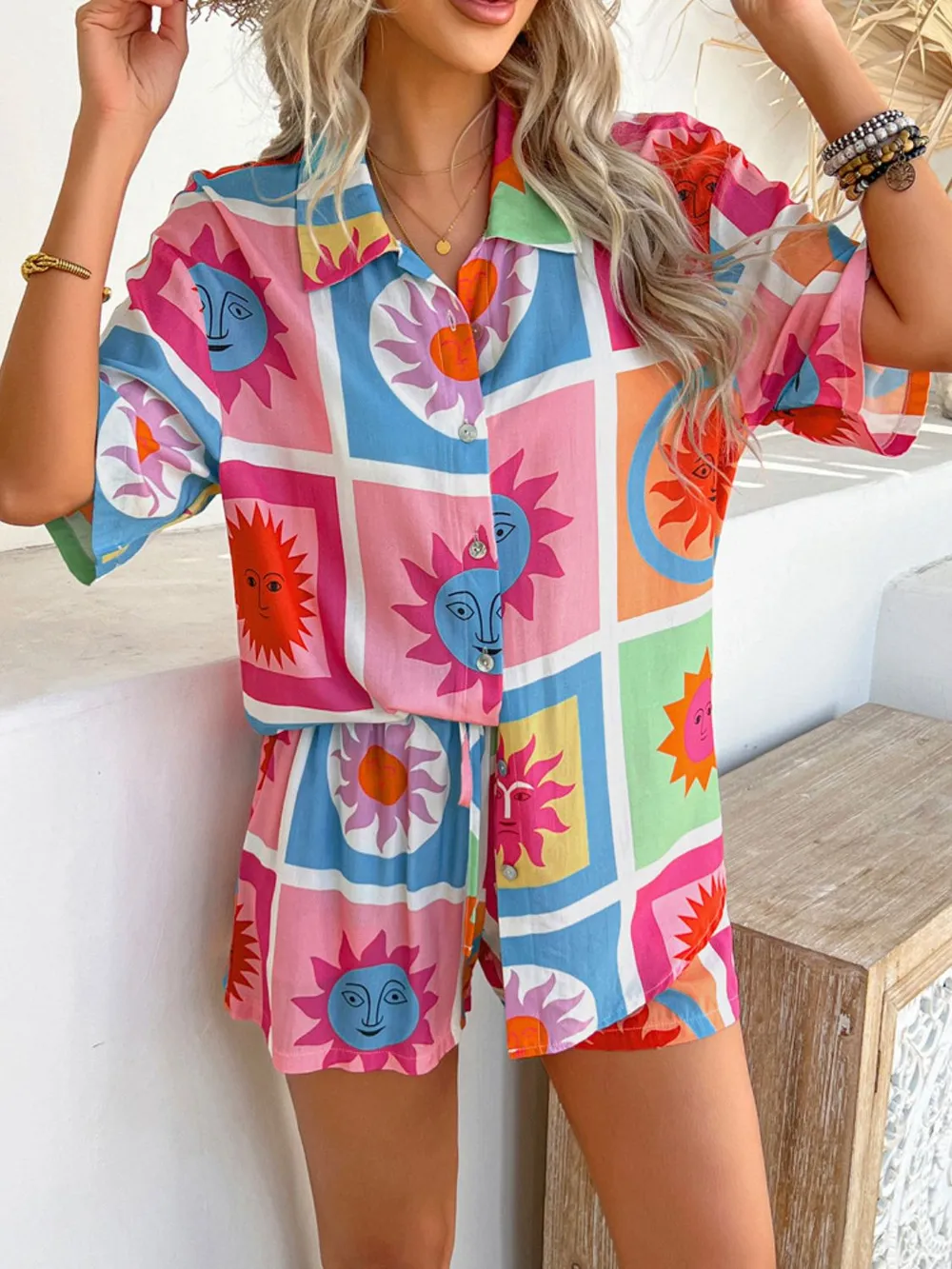 Printed Button Down Shirt and Shorts Set, image 31