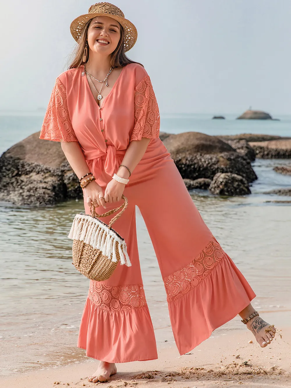 Plus Size Button Up Half Sleeve Top and Pants Set, image 4