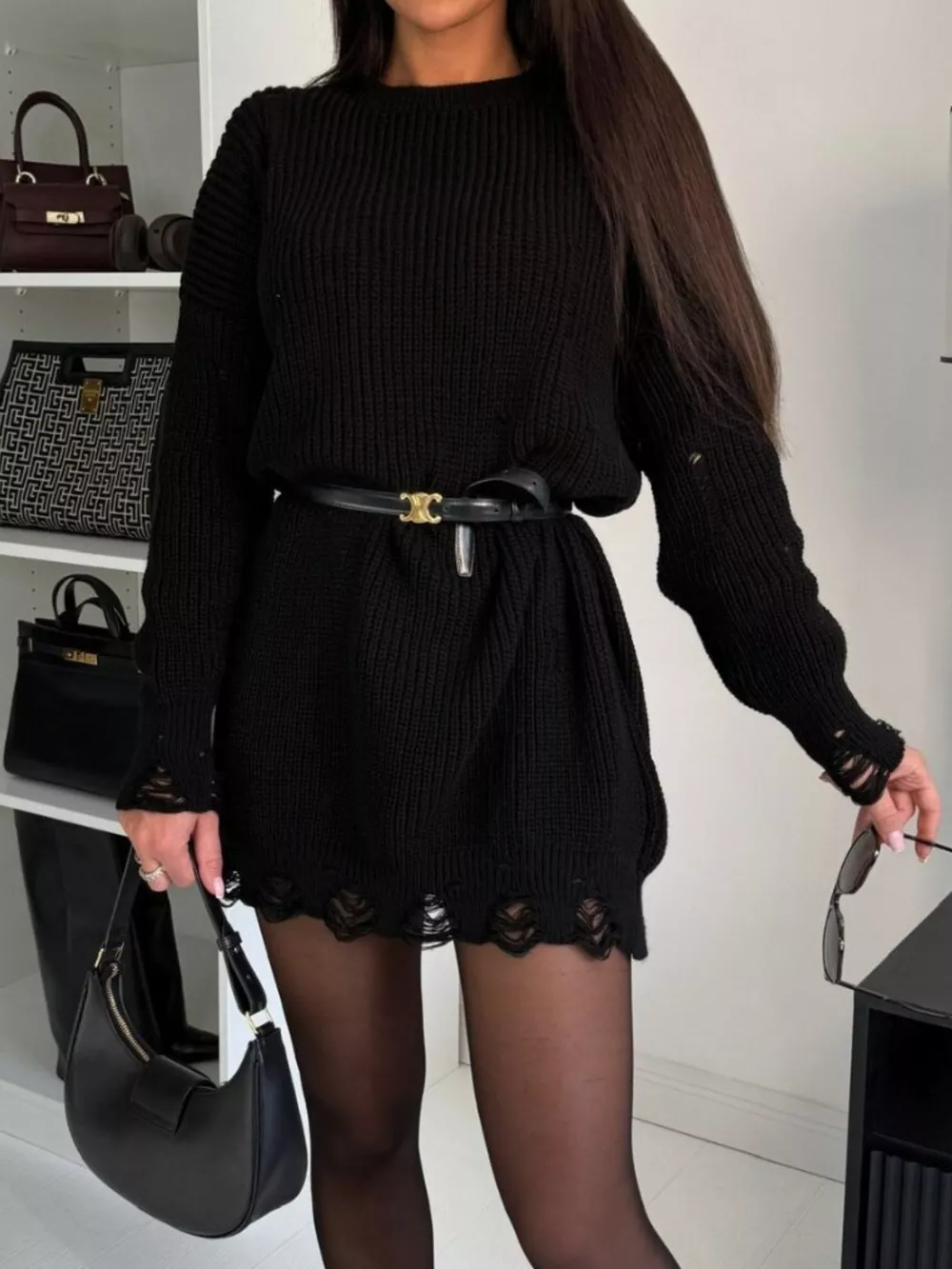 Distressed Round Neck Drop Shoulder Sweater Dress, image 13
