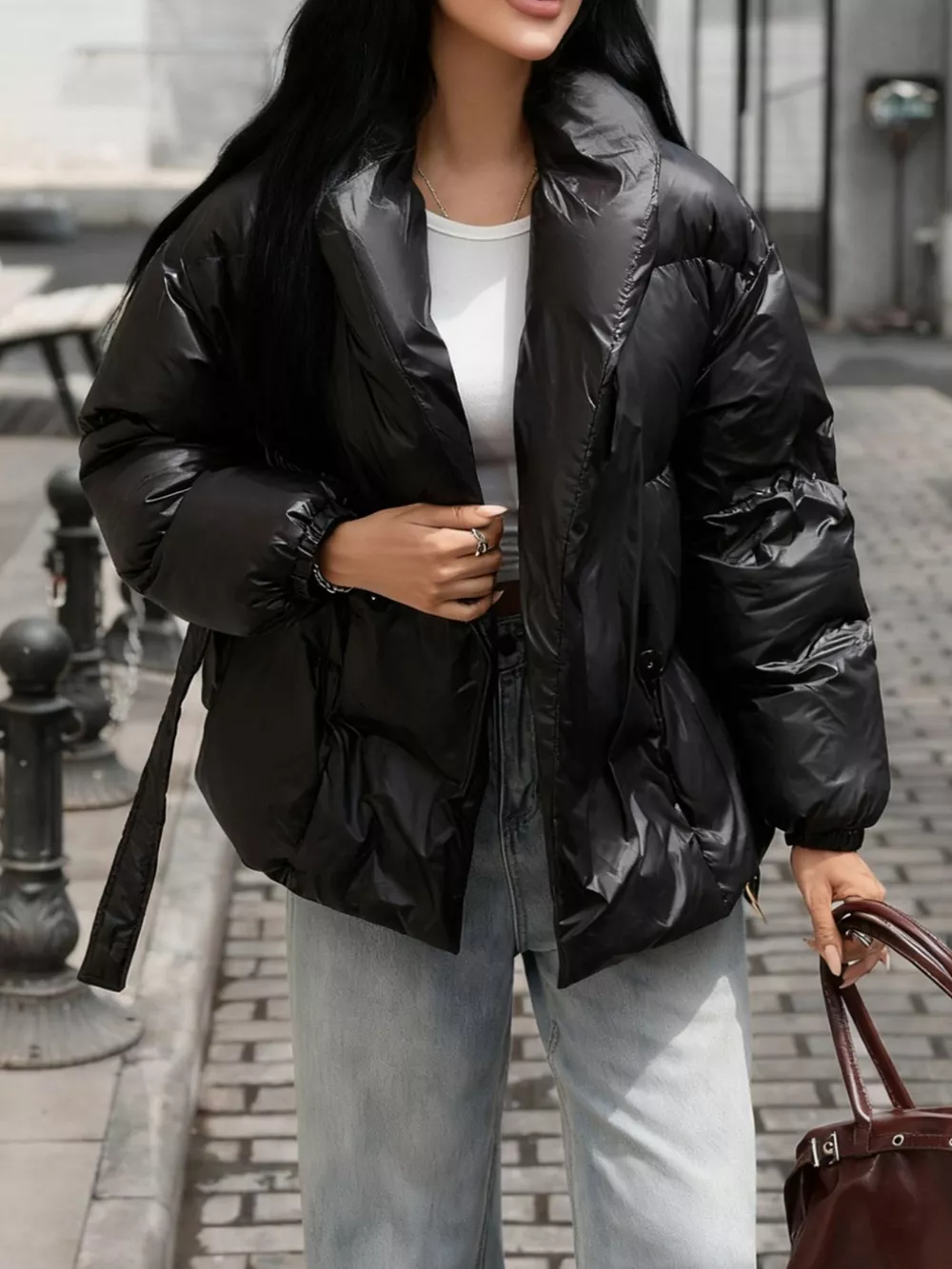 Long Sleeve Belted Puffer Jacket, image 9