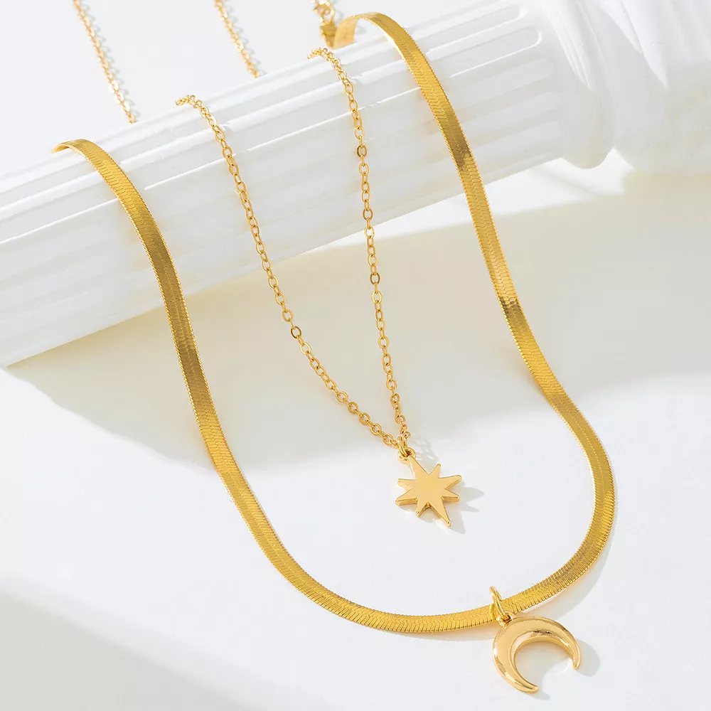 2 Piece 18K Gold-Plated Moon & Star Necklace, image 3