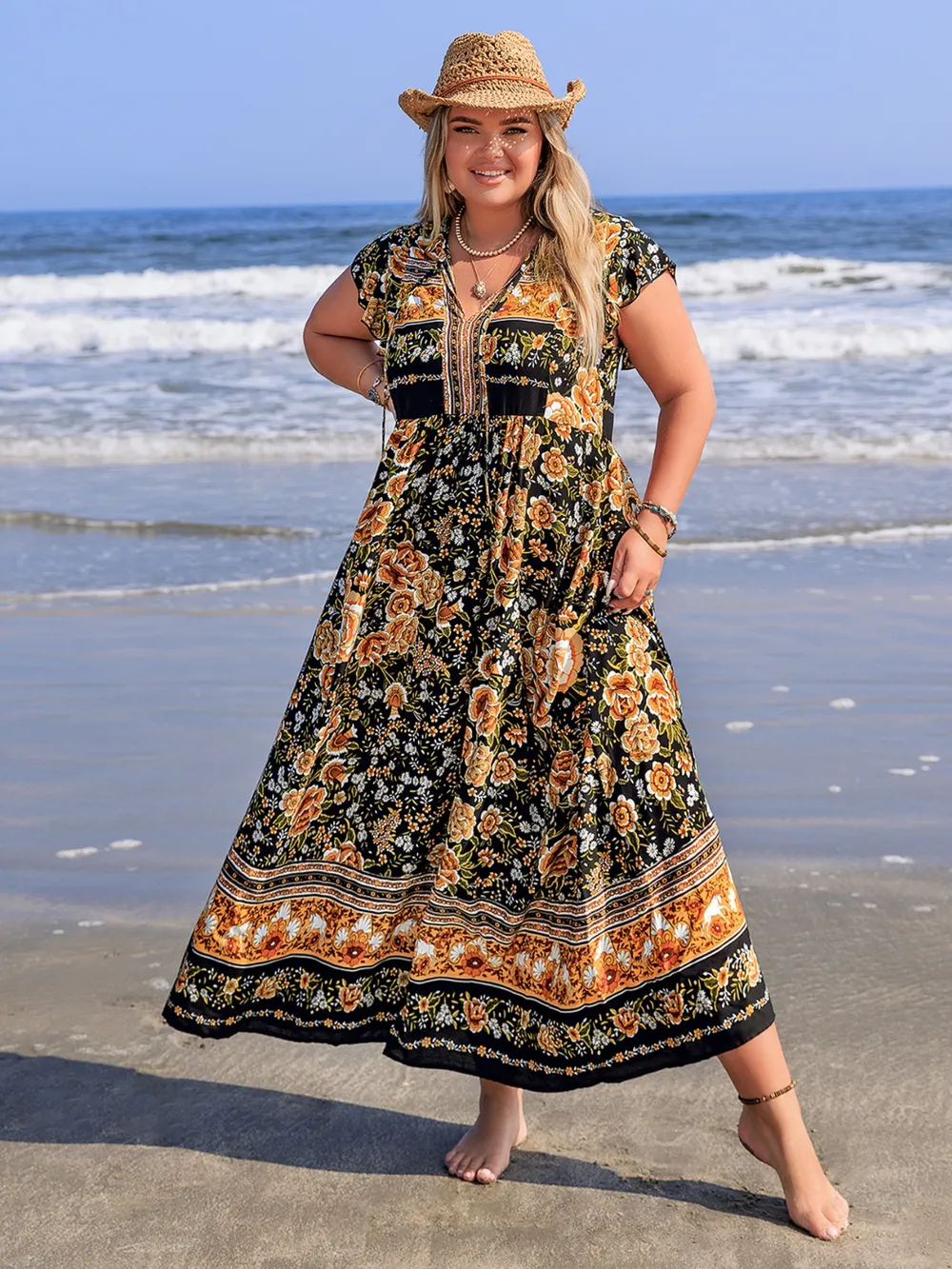 Plus Size Printed V-Neck Ruffle Cap Sleeve Maxi Dress, image 7