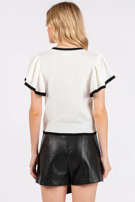 Contrast Trim Ruffled Cap Sleeve Knit Top, image 2
