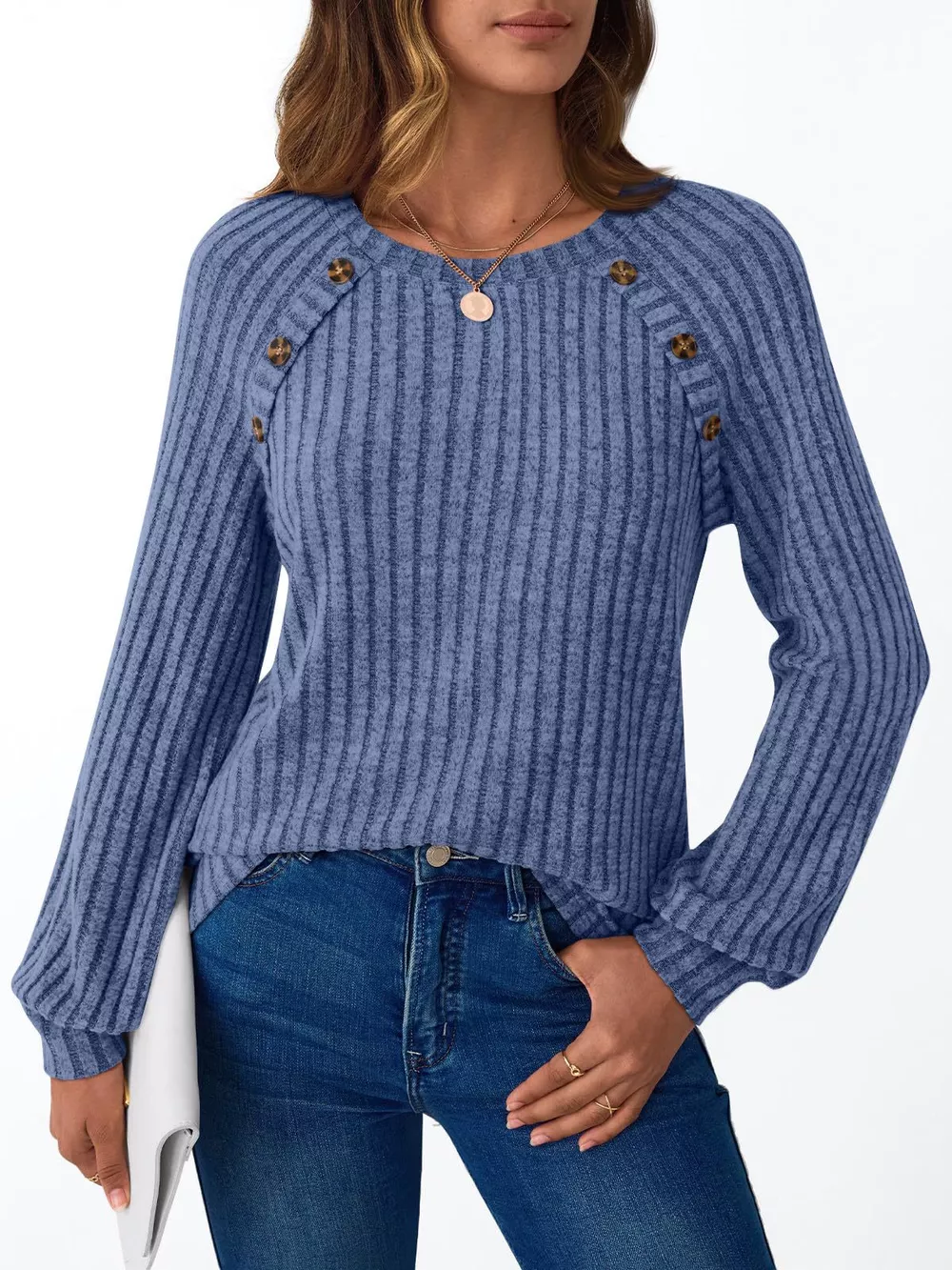 Ribbed Knit Decor Button Long Sleeve T-Shirt, image 18