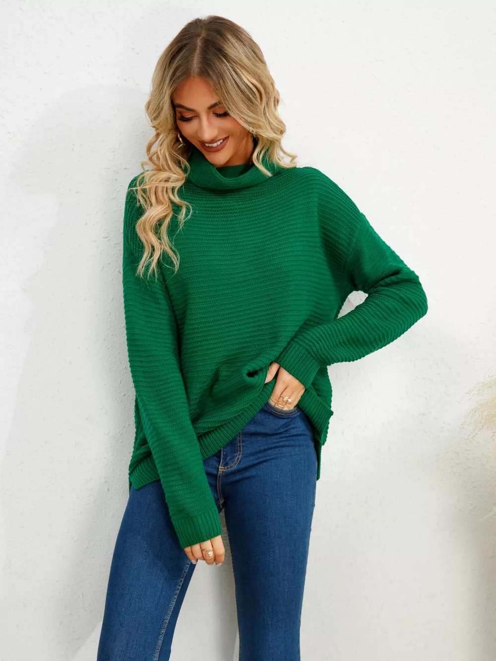Slit Turtleneck Dropped Shoulder Sweater, image 5