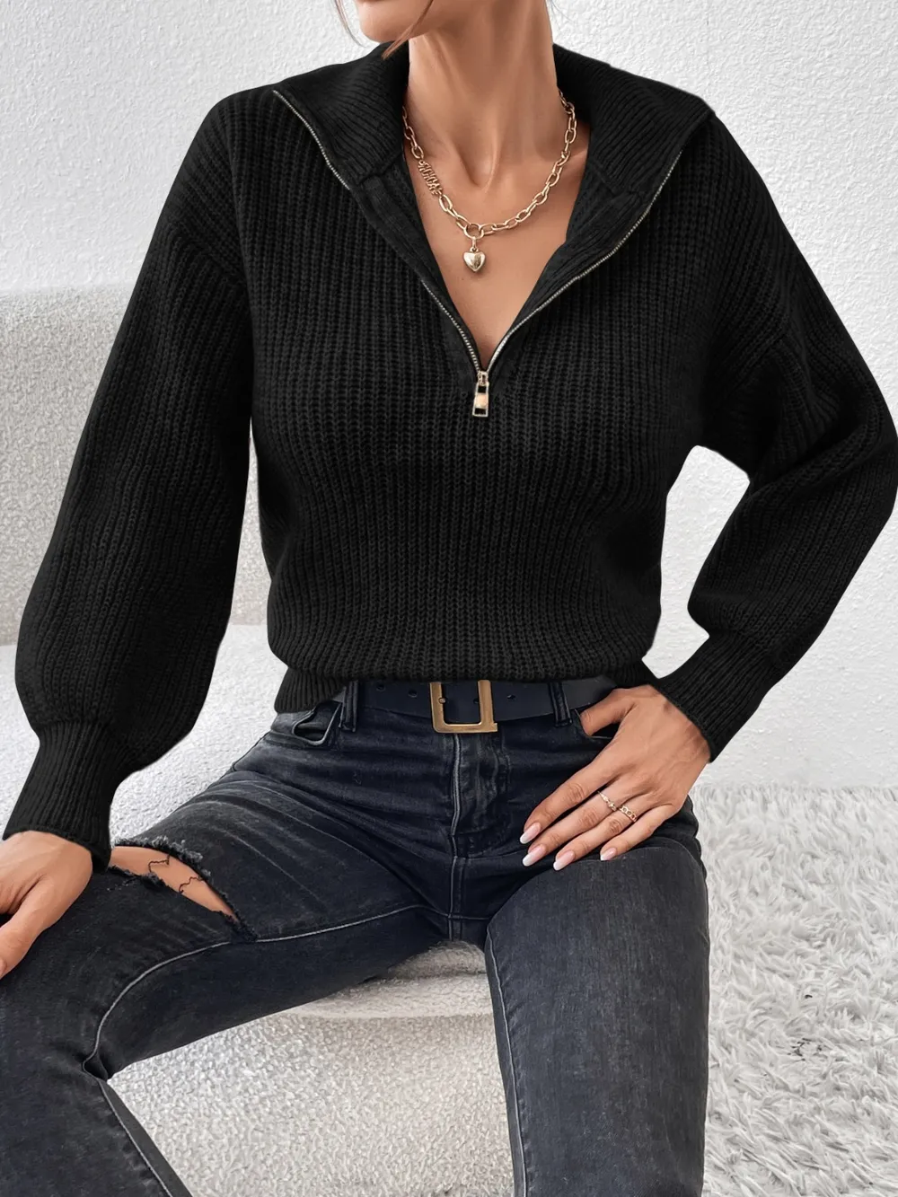 Half Zip Dropped Shoulder Sweater, image 12