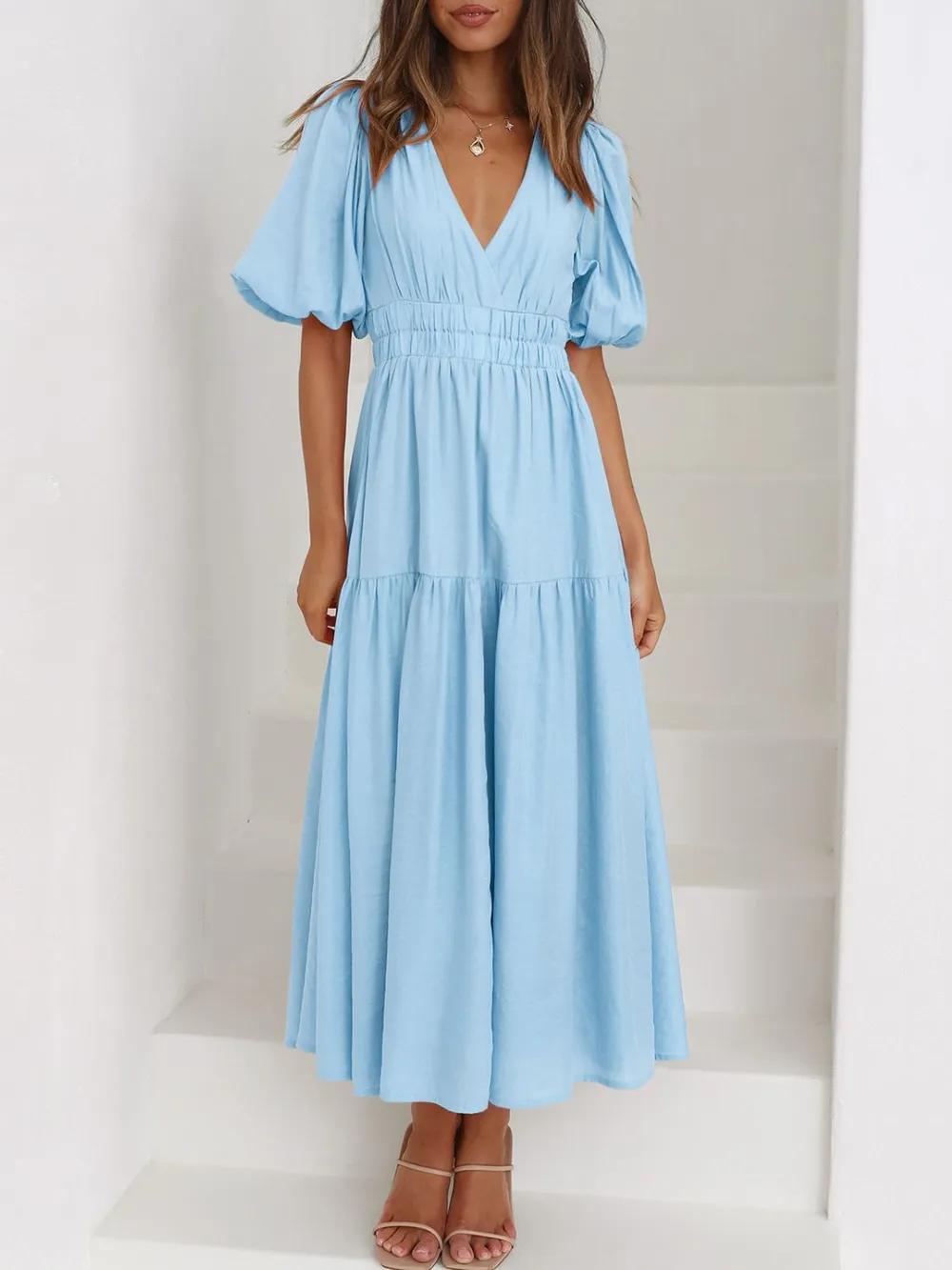 V-Neck Puff Sleeve Midi Dress, image 18