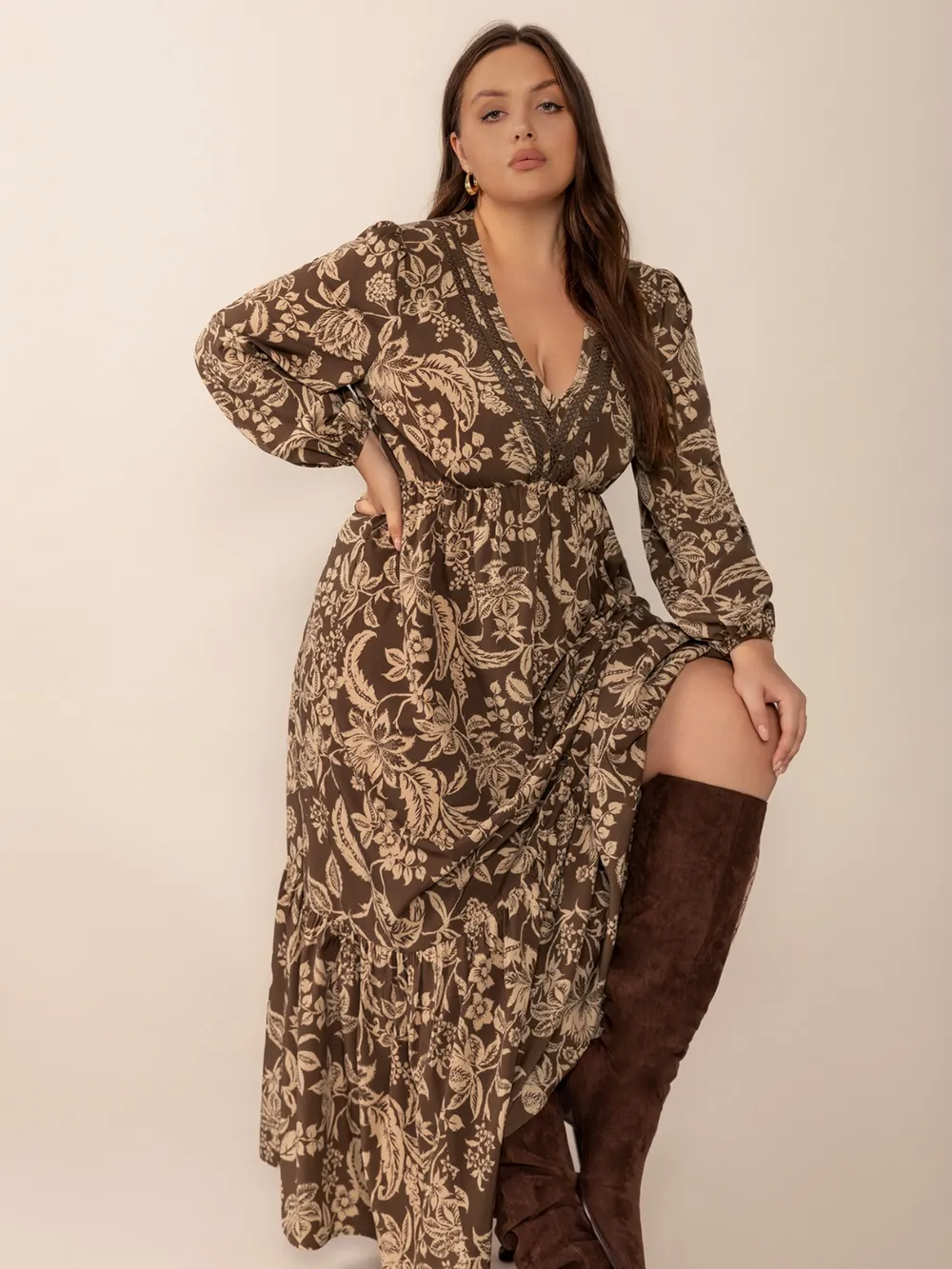 Plus Size Printed V-Neck Balloon Sleeve Maxi Dress, image 4