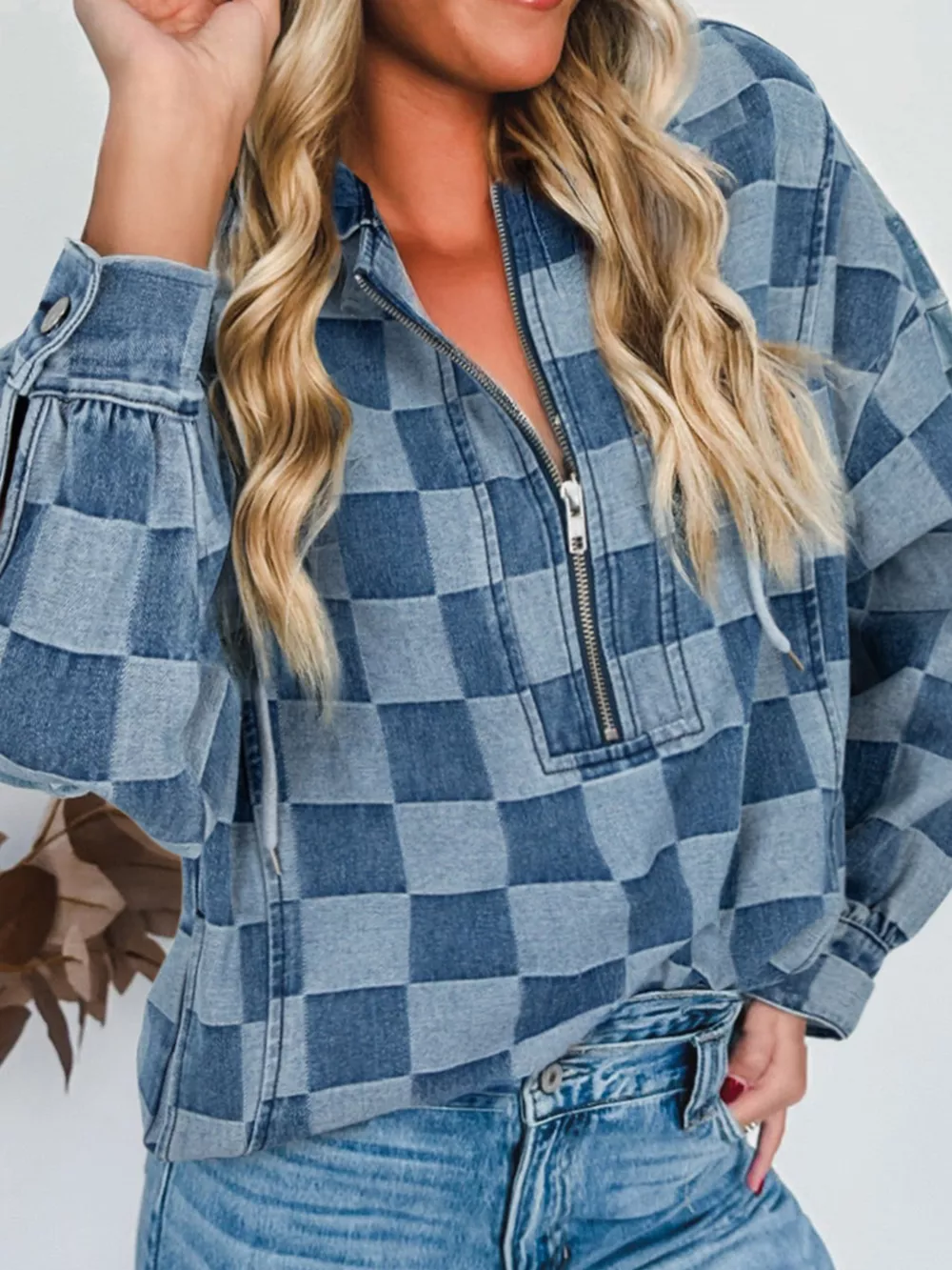 Checkered Half Zip Denim Hoodie Top, image 7