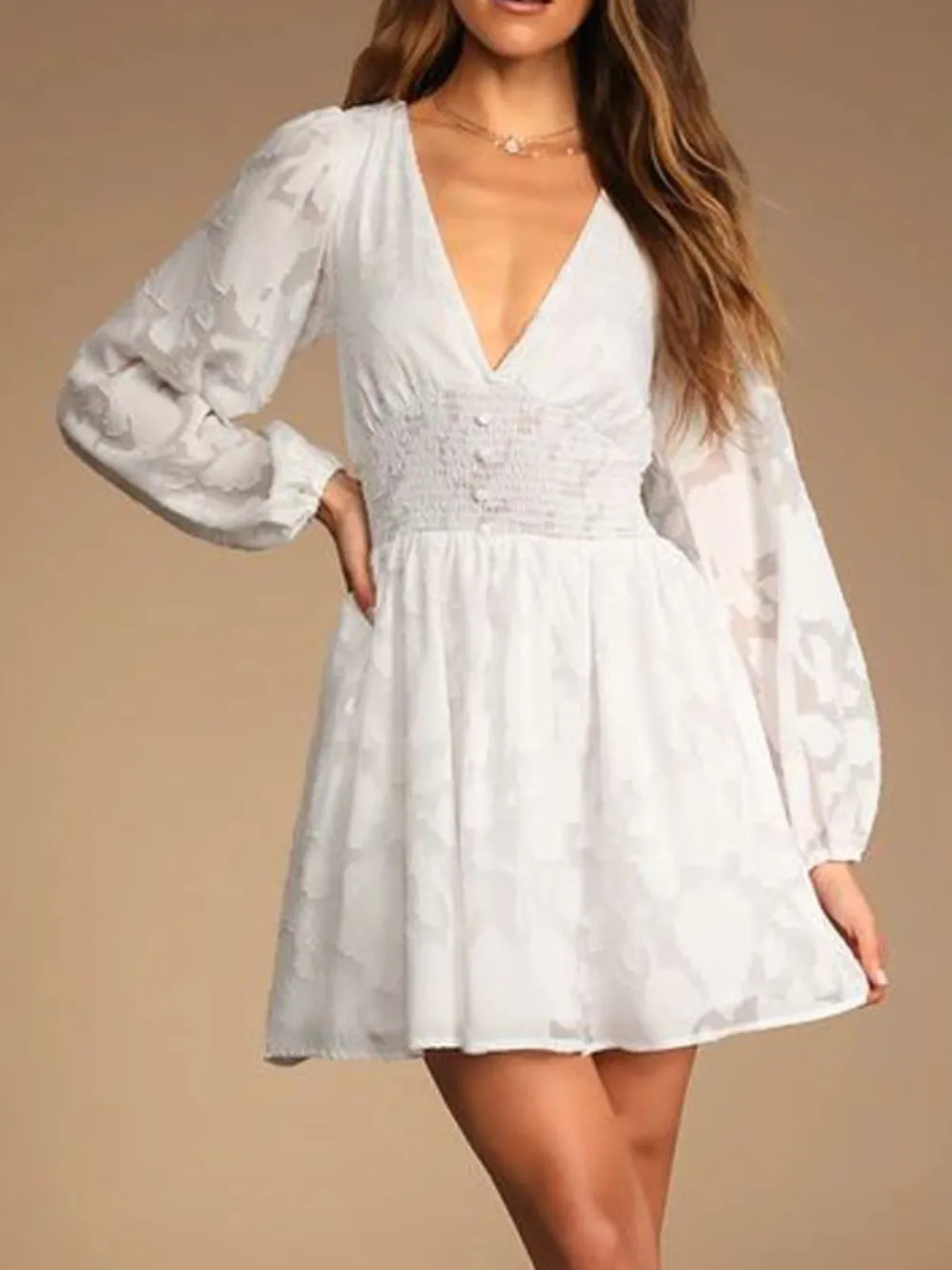 Smocked V-Neck Balloon Sleeve Dress, image 8
