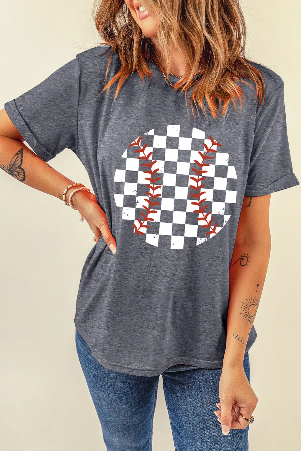 Checkered Graphic Round Neck Short Sleeve T-Shirt, image 4