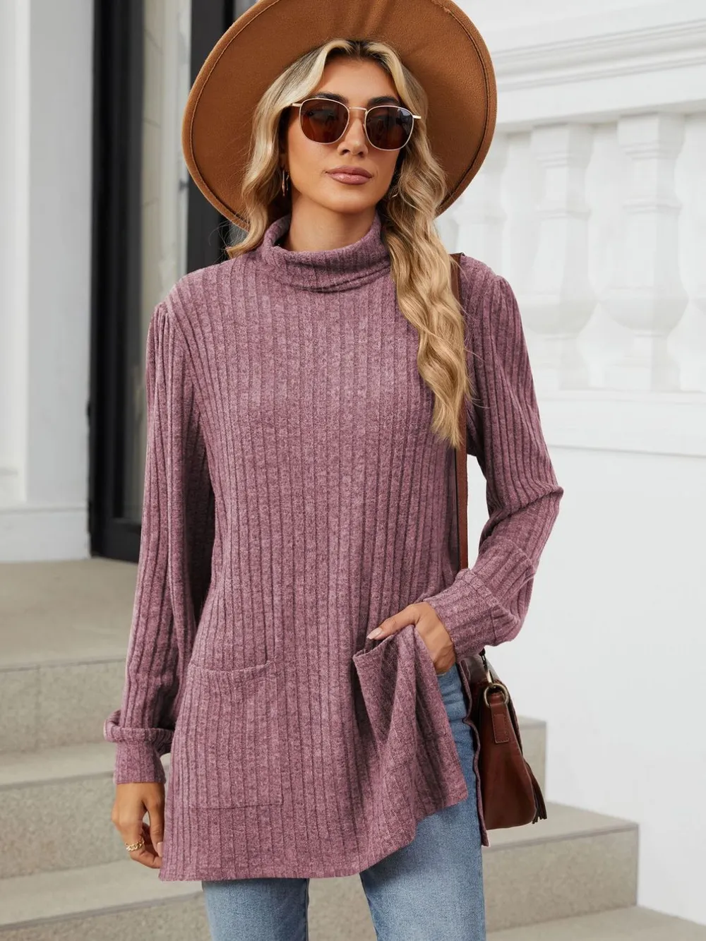 Slit Mock Neck Long Sleeve T-Shirt, image 12