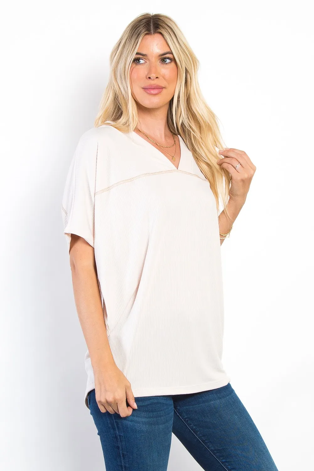 Full Size V-Neck Short Sleeve Ribbed Top, image 3