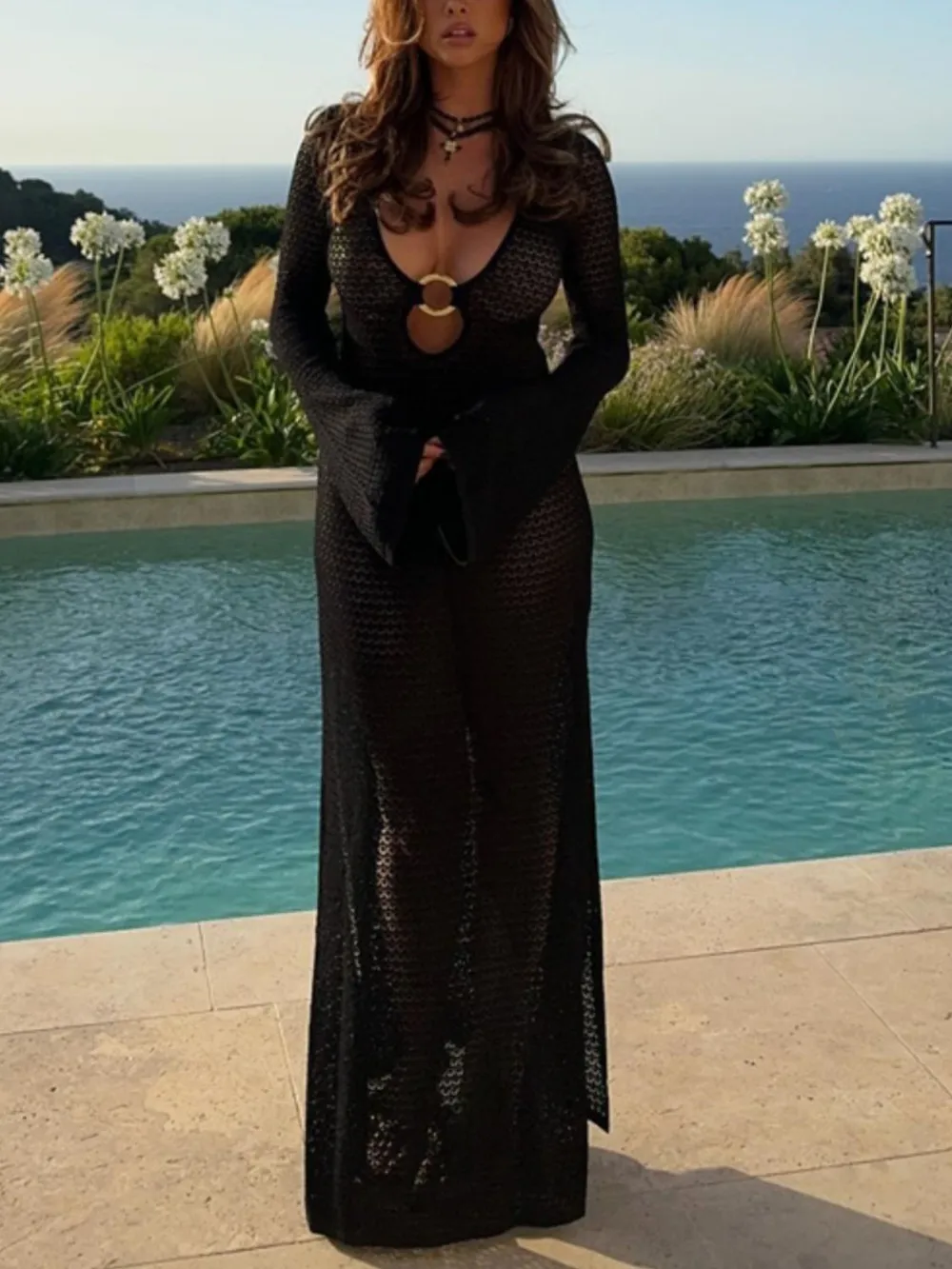 Slit Plunge Flare Sleeve Cover-Up Dress, image 8