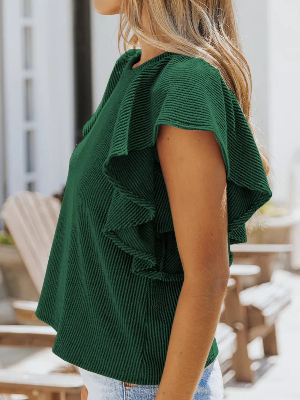 Full Size Ruffled Sleeve Ribbed Knit T-Shirt Plus Size, image 9