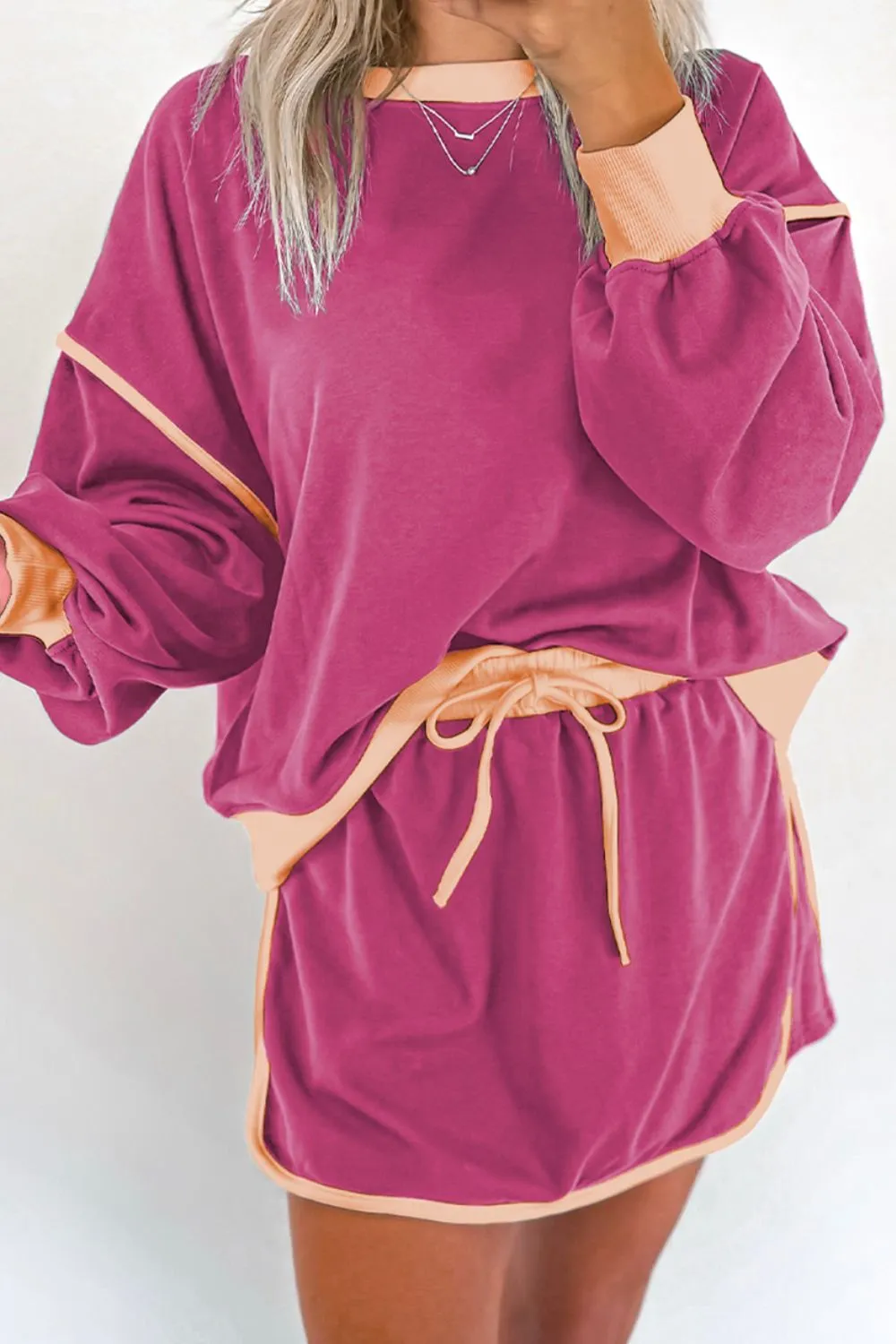 Contrast Trim Round Neck Top and Skort Set, image 18