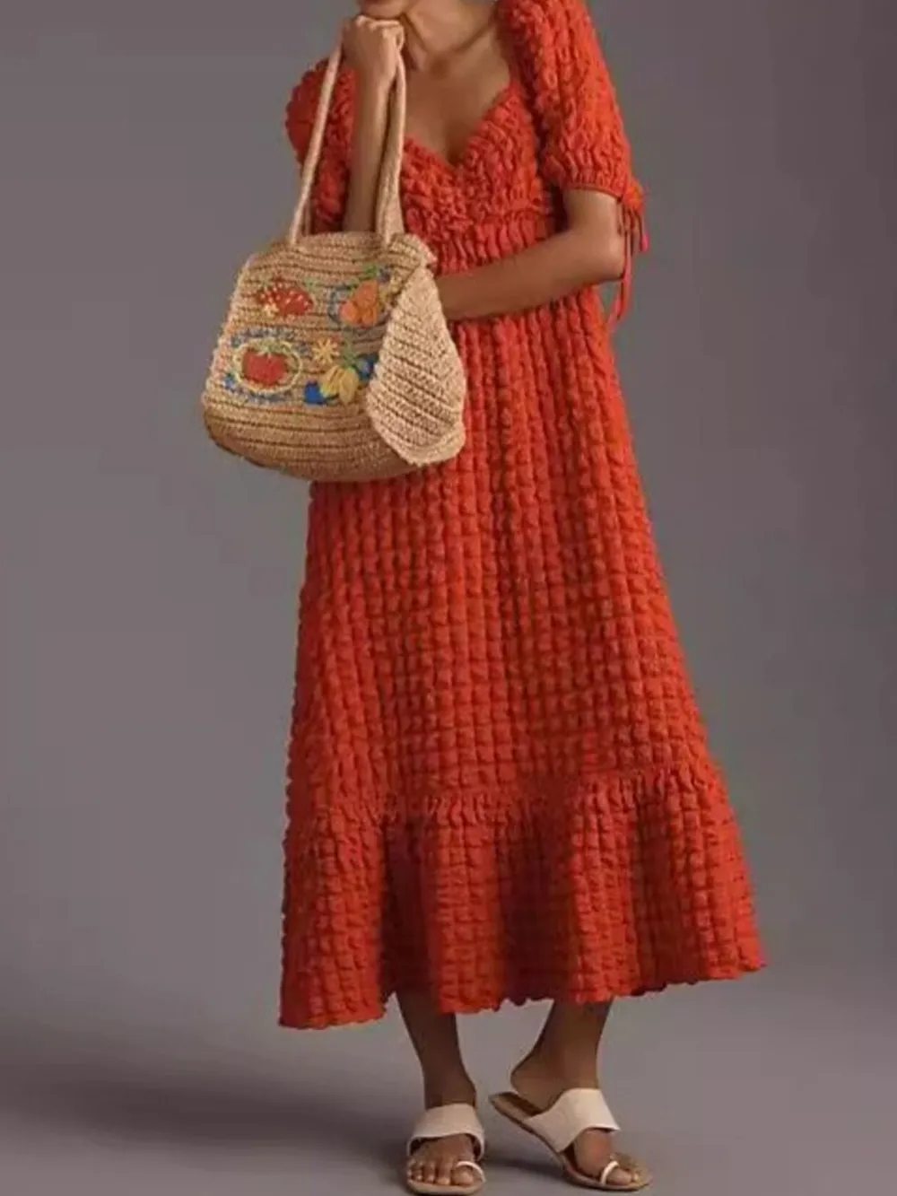 Textured Sweetheart Neck Short Sleeve Dress, image 8