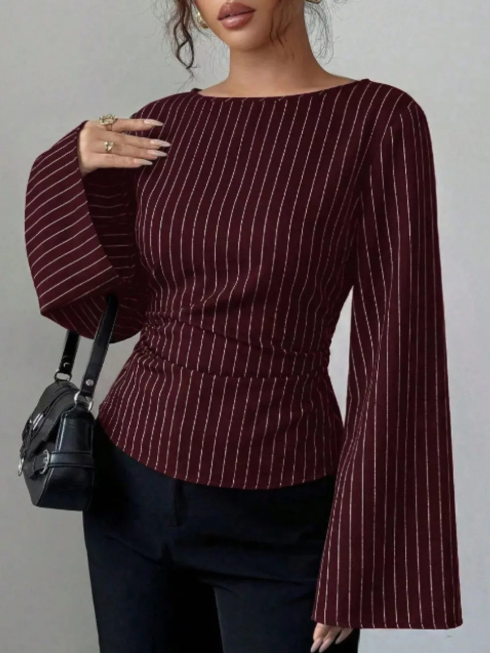 Elegant Pinstriped Bell Sleeve Blouse with Back Lace Up, image 14