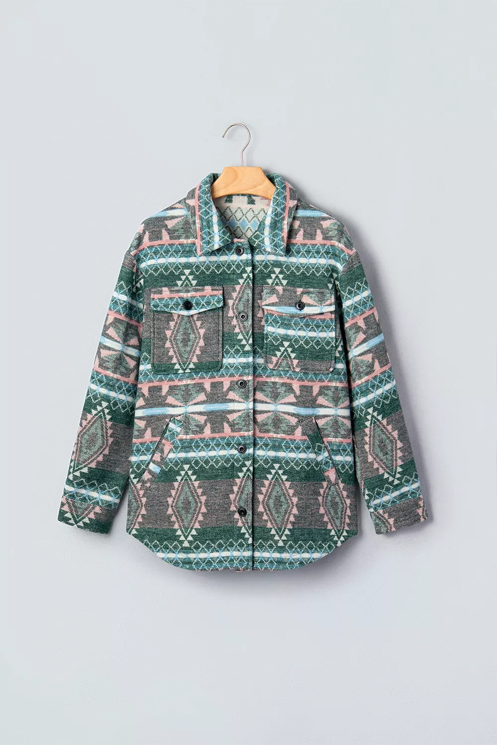 Geometric Print Button Front Long Sleeve Shacket, image 10