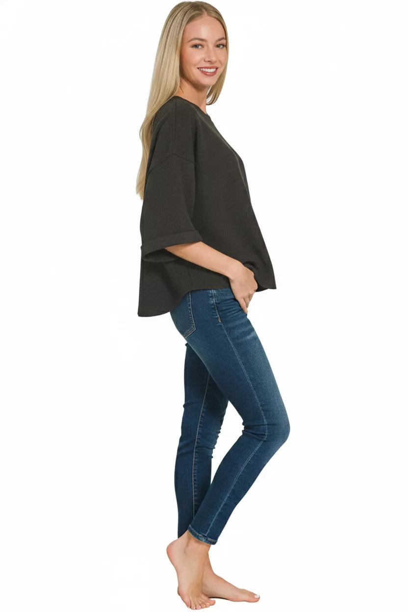 Double Knit Exposed Seam Curved Hem Top, image 3
