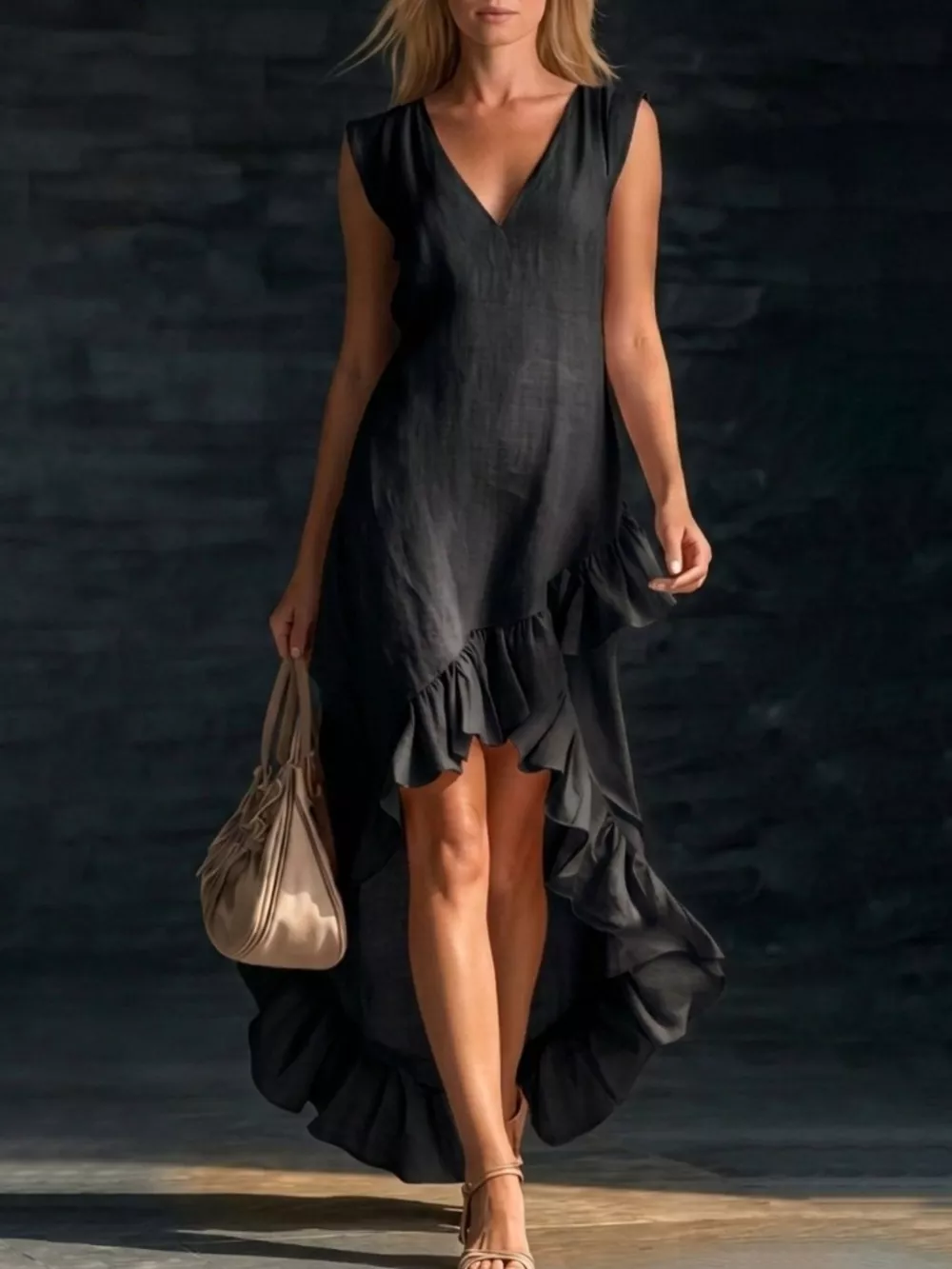 Sleeveless V-Neck Ruffle Hem High-Low Dress, image 10