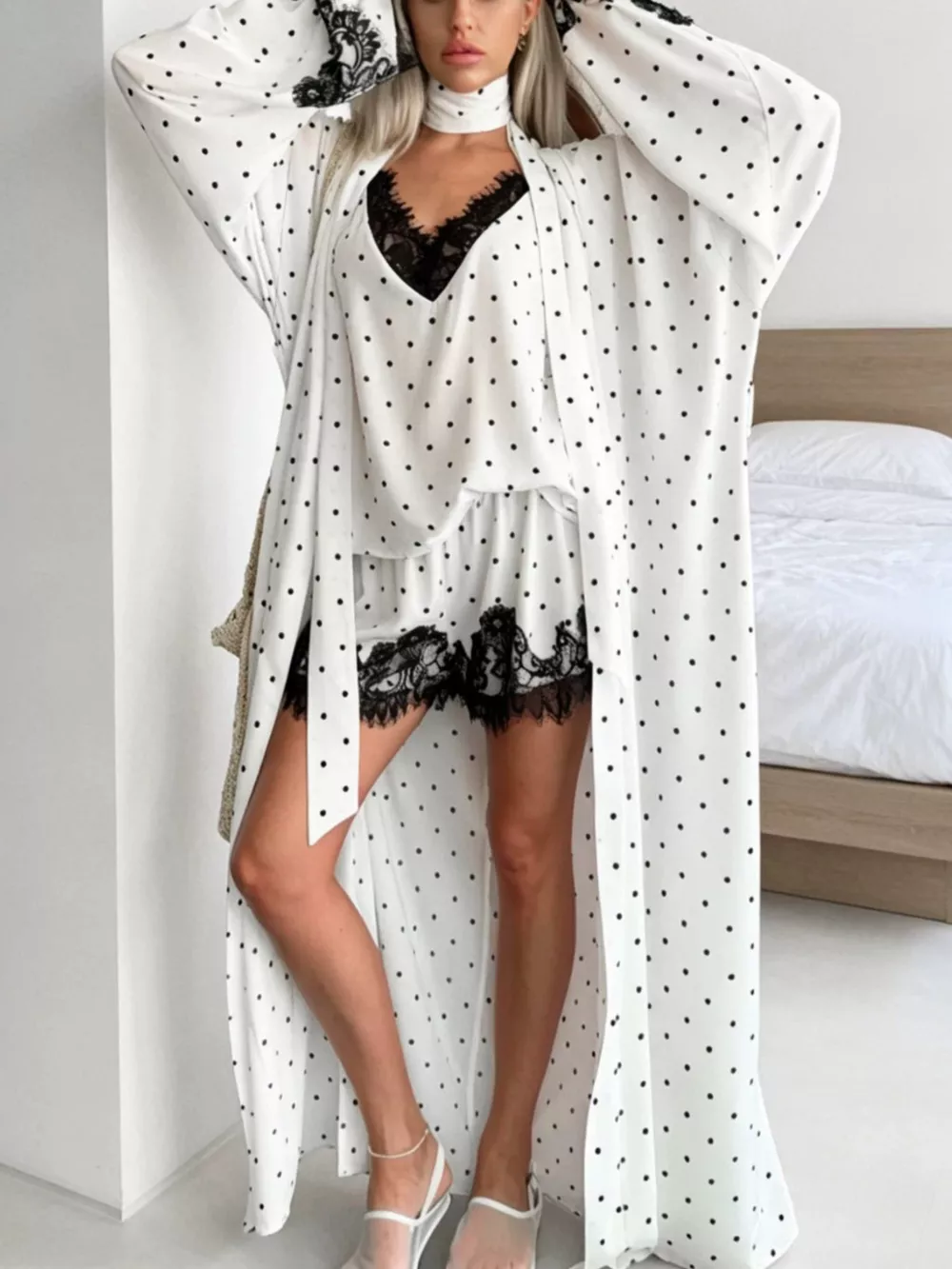 Polka Dot Lace Trim Cami & Cardigan and Shorts Set, image 5