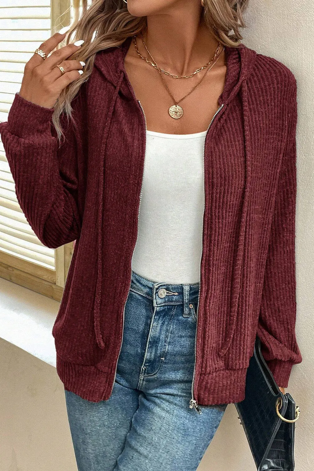 Drawstring Zip Up Long Sleeve Hooded Jacket, image 4